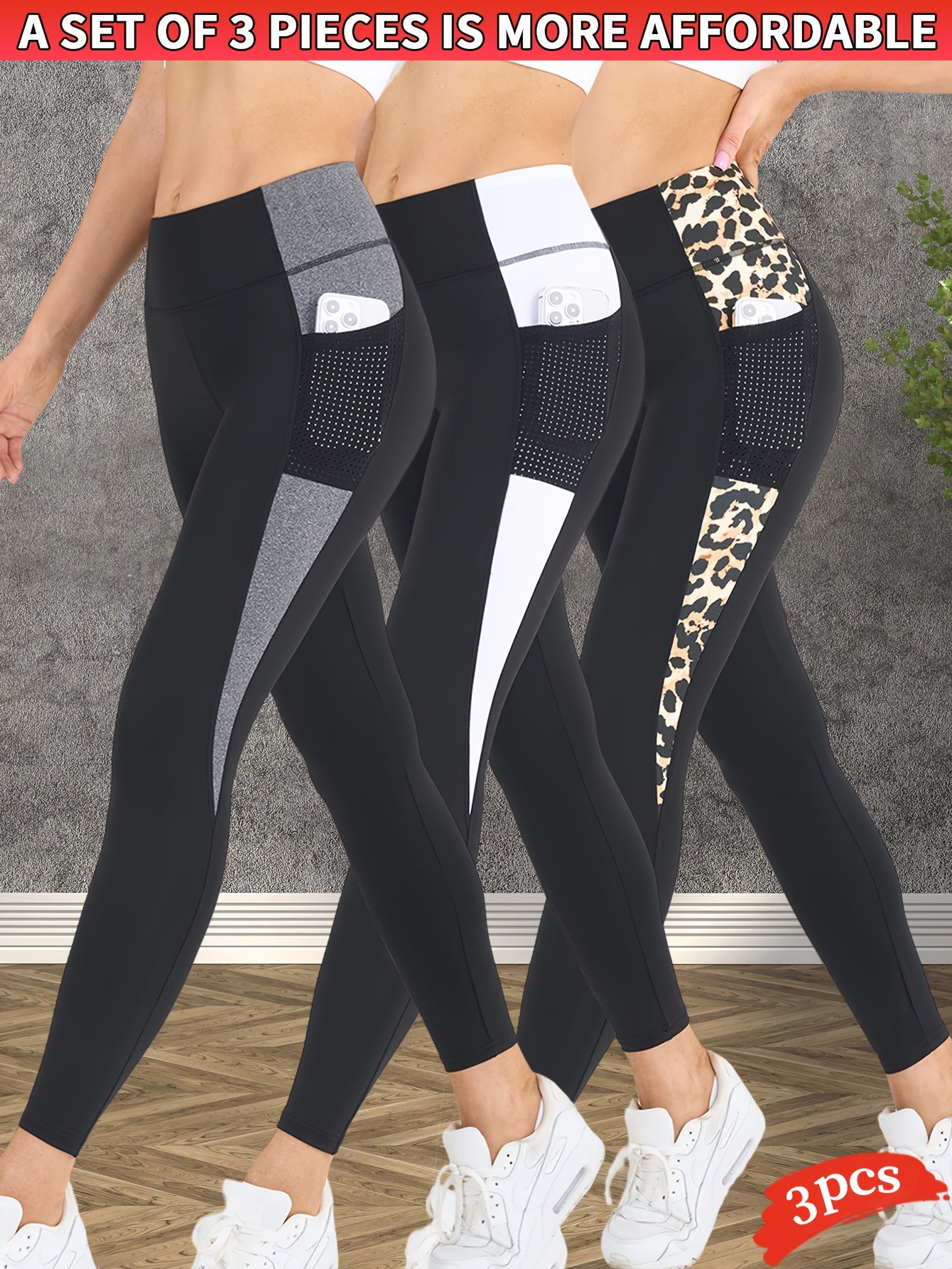 3-Pack Women's Yoga Pants Non-See-Through High-Waisted Workout Leggings - Sweat Absorbent Quick-Dry Yoga Pants with Side Pocket, Stretchy Gym Running Pilates Pants for Women (Black/Gray/Pink Accents - Affordable 3-Pack Deal),