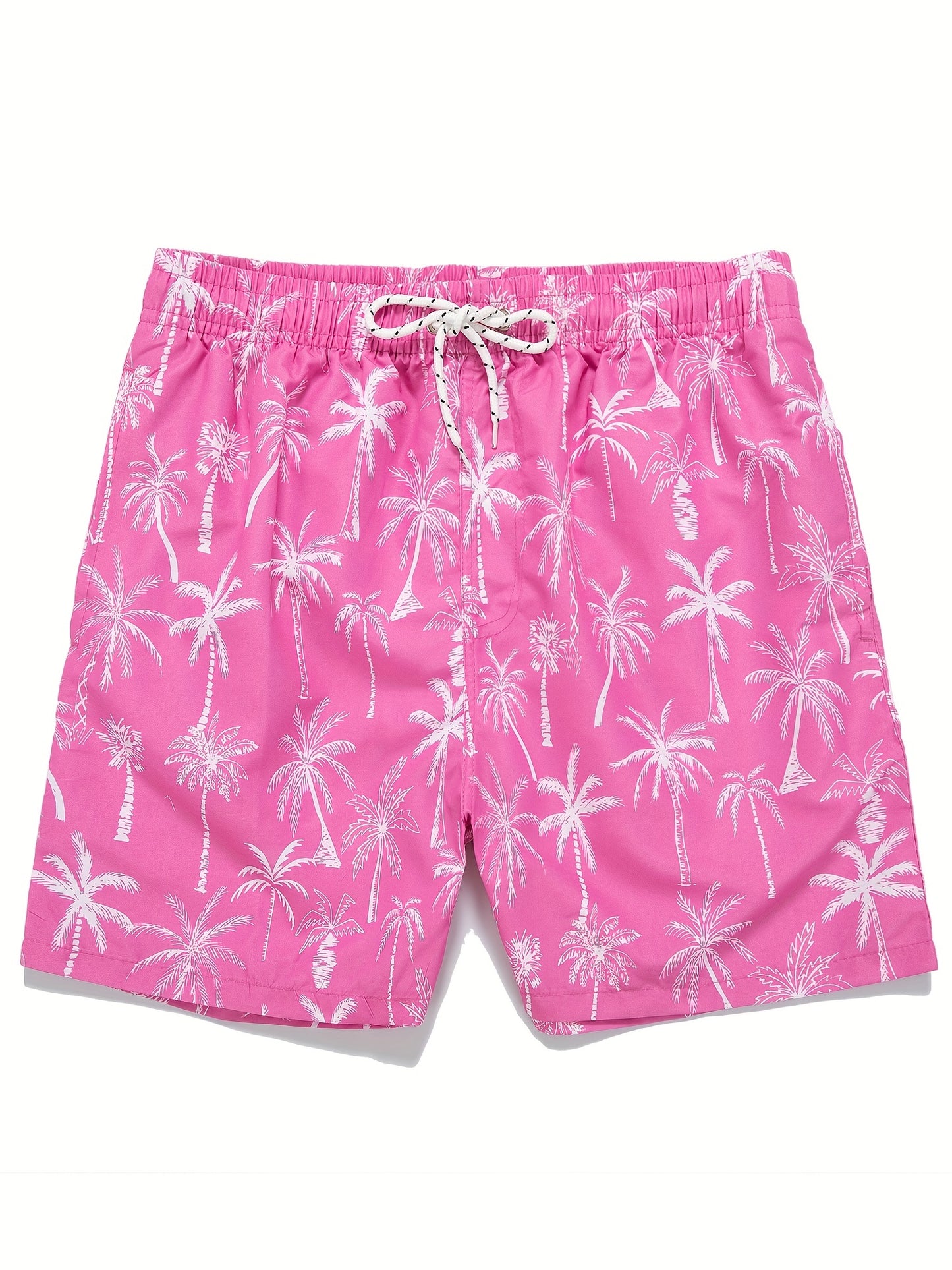 Men's Quick Dry Hawaiian Board Shorts With Pockets, Casual Coconut Tree Graphic Drawstring Swim Trunks For Summer Vacation Beach Pool Outdoor