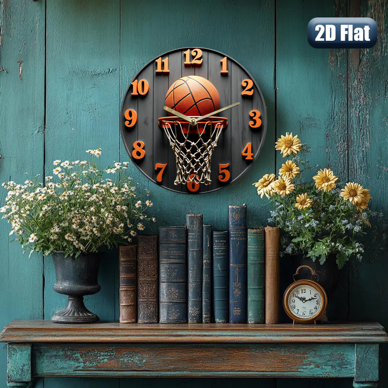 A Basketball-Themed Wall Clock Featuring a Net Design, with a Black Background And Orange Numbers. It Measures 24.89 cm And Is Powered by AA Batteries (Not Included), Making It a Great Decorative Piece for Home, Office, Or Gy