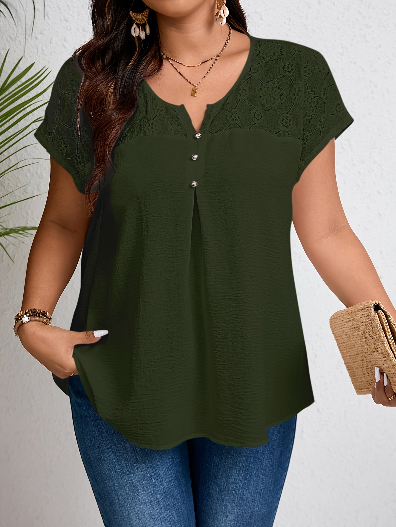 Women'S Plus Size Casual Top - Elegant Maroon Blouse with Contrast Lace Detail, Non-Stretch Fabric, Perfect for Spring/Summer/Fall, Plus Size Blouses