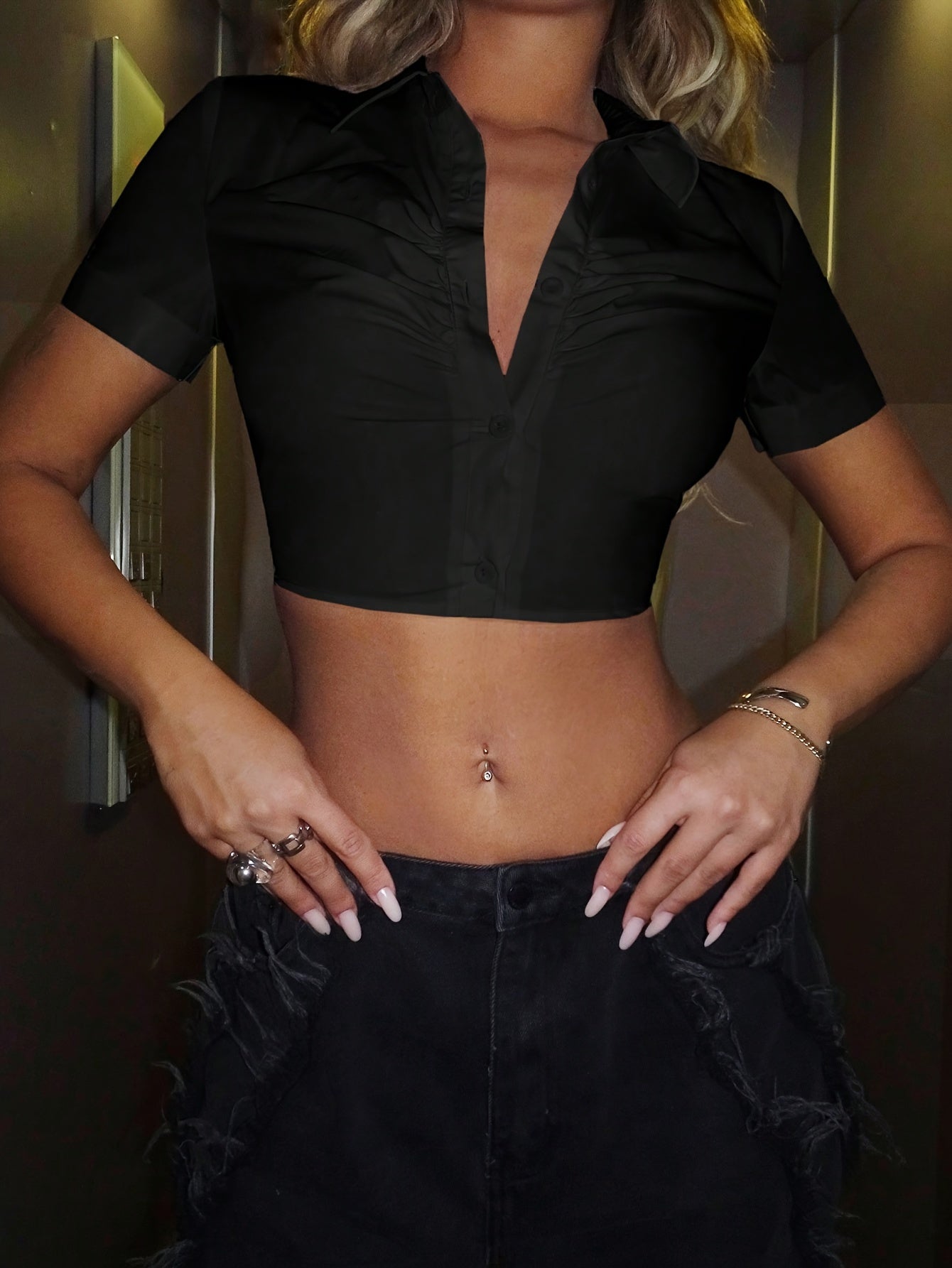 Solid Button Front Crop Shirt, Versatile Short Sleeve Ruched Blouse For Spring & Summer, Women's Clothing