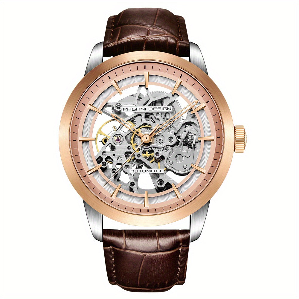 Pagani Design 2023 Men's Automatic Skeleton Watch, Self-Winding, Stainless Steel, Leather Strap, Pointer Series, Water Resistant To 100 Meters Sports Leather Watch