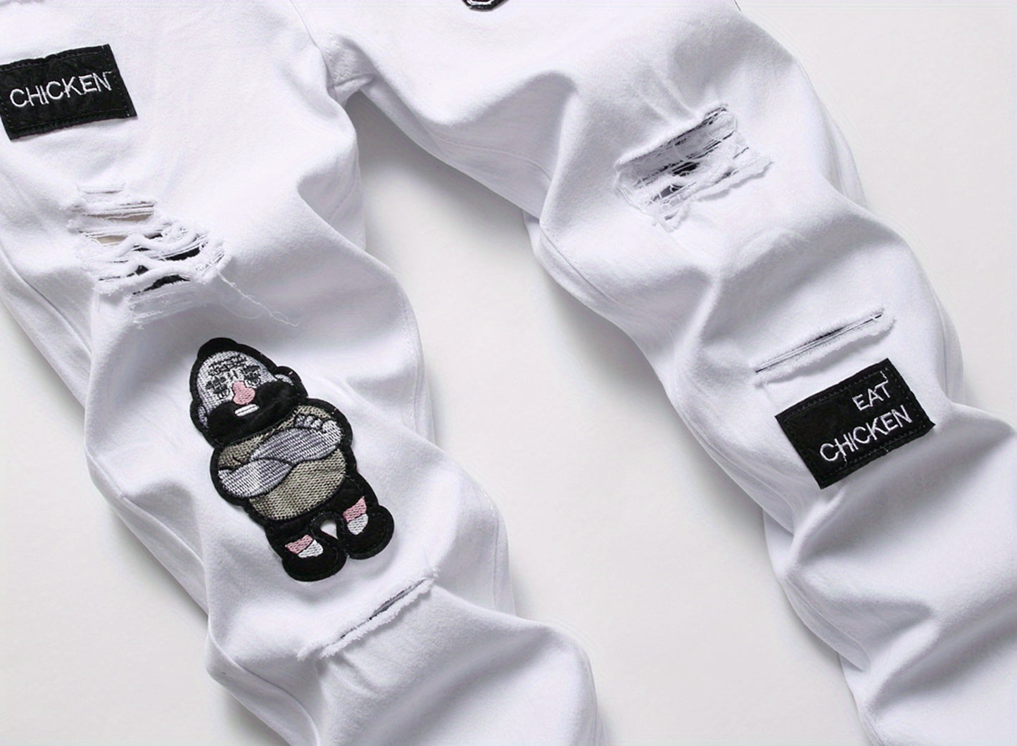 Men Fashion White Ripped Distressed Destroyed Washed Denim Jeans Ripped Slim Fit Wild Jeans White Denim Pants