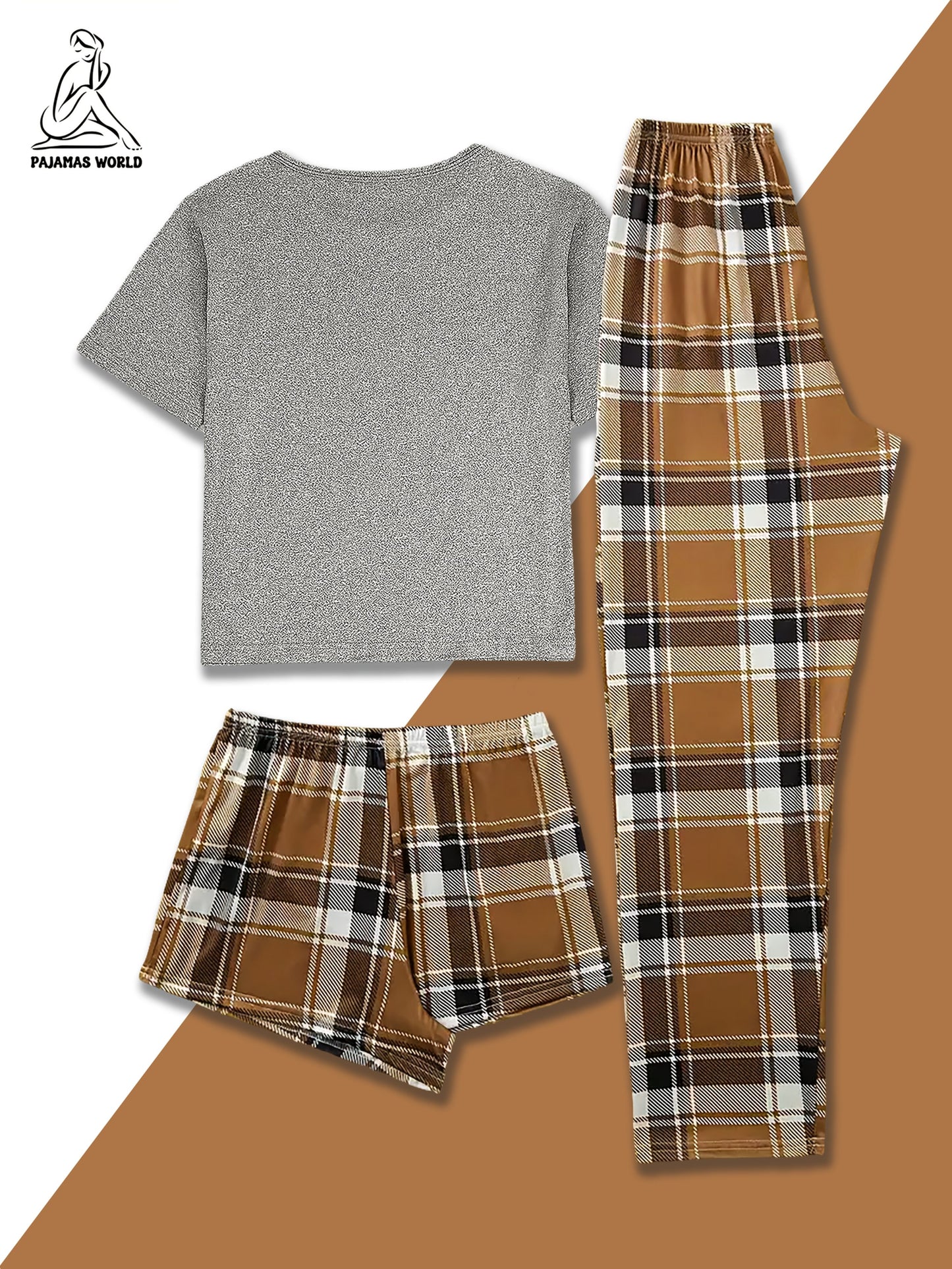 Women'S Casual Cartoon Bear & Plaid Pajama Set - Soft, Loose-Fit Short Sleeve Top with Elastic Waistband, Long Pants & Shorts, Cozy Fall/Winter Sleepwear