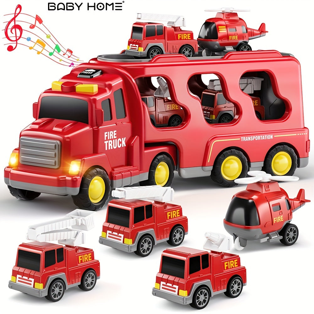 BABYHOME Toddler Fire Engine Toys, For Boys Girls - 5-In-1 Carrier Truck Transport Cars, Firefighter Vehicles For Kids, Christmas Birthday Gifts For Boys Girls