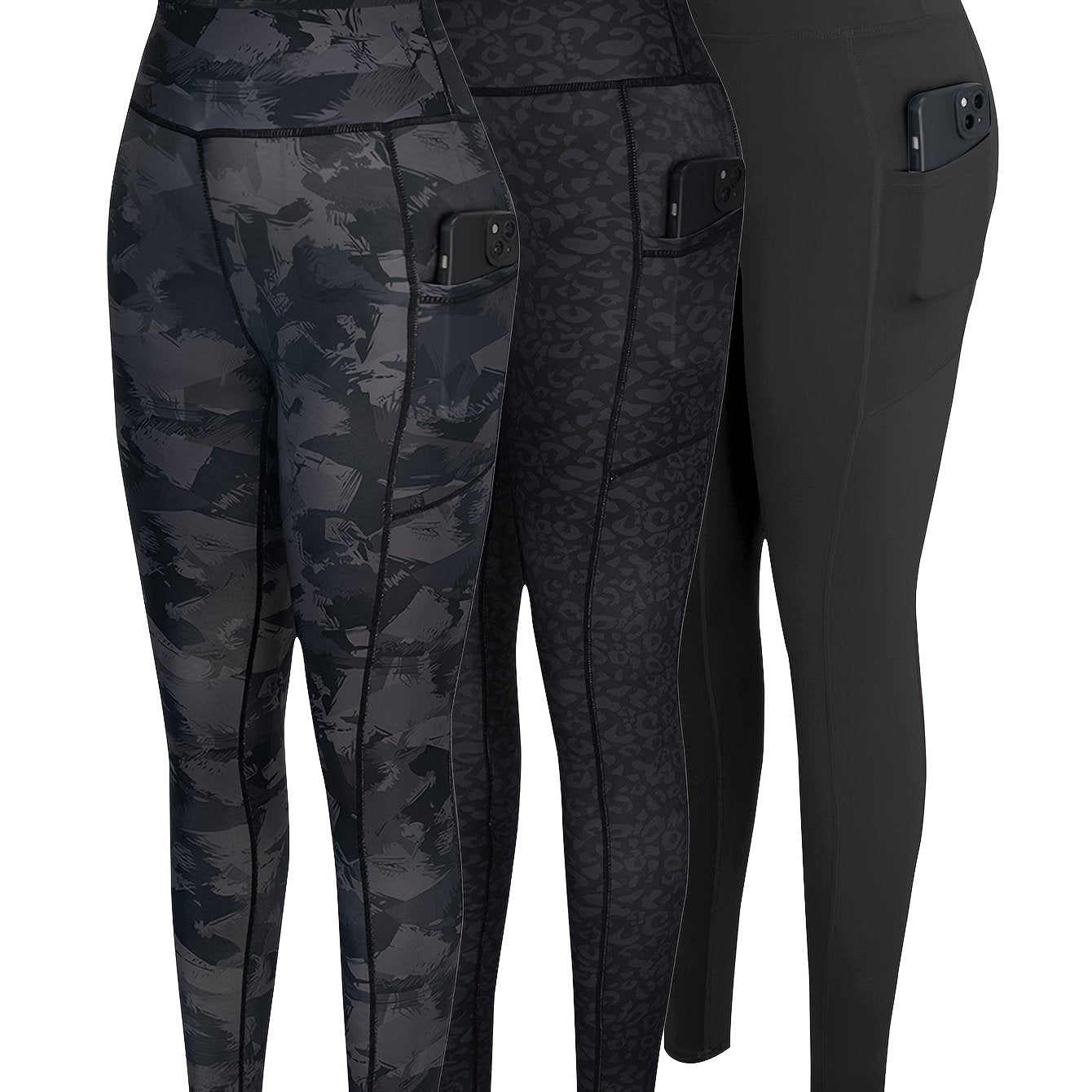3-Pack Women'S High-Waisted Yoga Pants with Side Pockets - Non-Slip Grip, Stretchy Workout Leggings for Gym, Running, Everyday - All-Season Fitness Pants in Black/Gray/ - Ideal for Yoga, Pilates, Casual Attire, Yoga Leggings,
