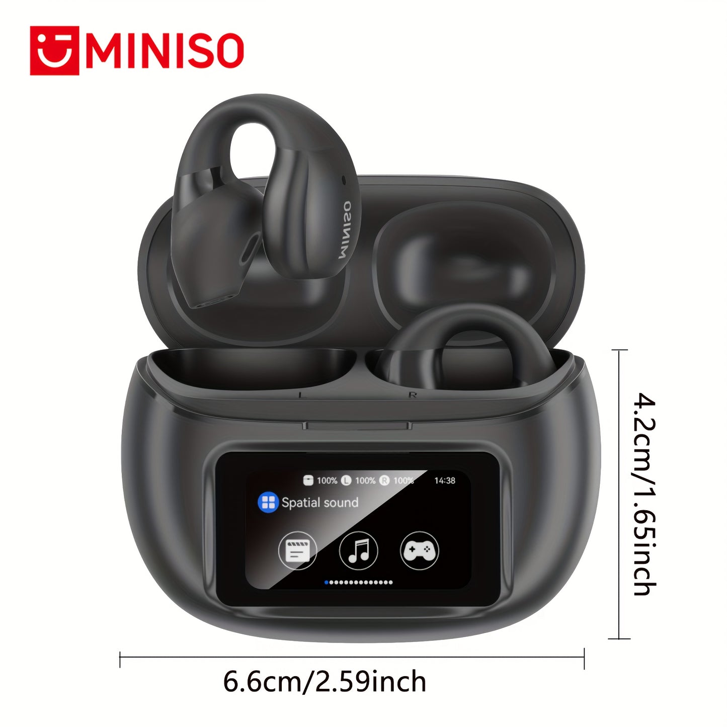 Miniso X29 Open-Ear Wireless Earbuds with Touch Screen & Full Color Display, HiFi Sound, Long Range Wireless Headphones, -C Charging Case, Built-in Mic, Compatible with / Smartphones, Compatible with 150+ Apps (Spanish/Englis