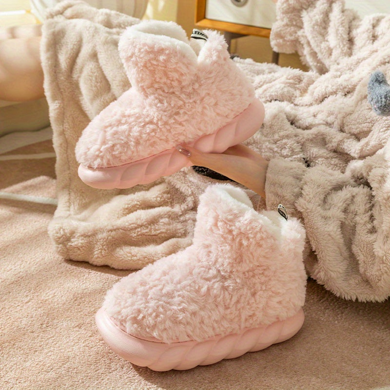 Women's Solid Color Fuzzy Slippers, High-top Round Toe Non-slip Thick Bottom Fluffy Warm Shoes, Winter Cozy Indoor Shoes