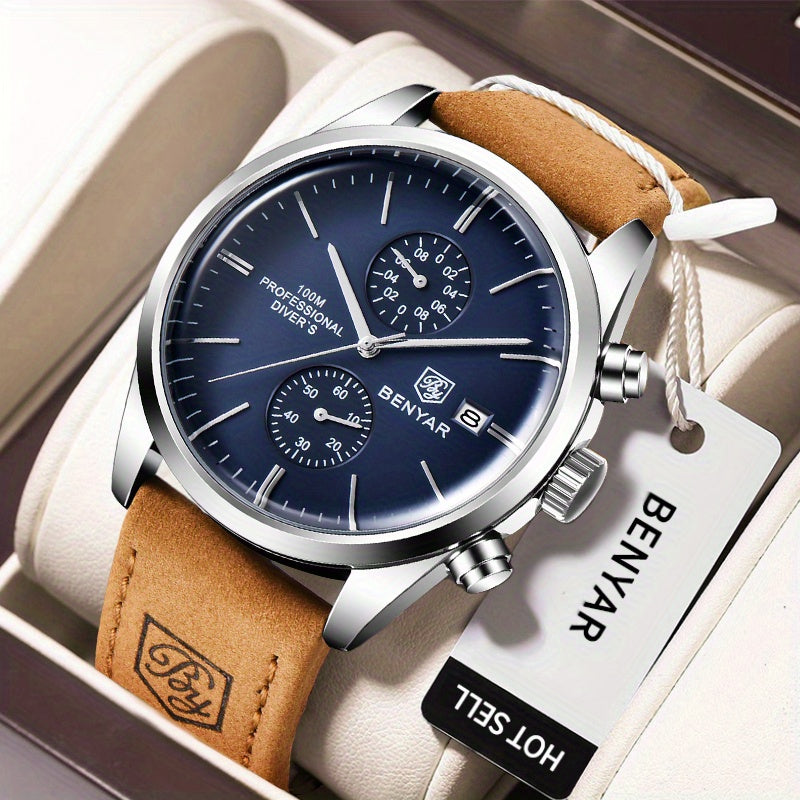 1pc New BENYAR Men's PU Leather Quartz Wristwatch, Men's 100M Multifunctional Watch Military Sports Chronograph Watch For Men
