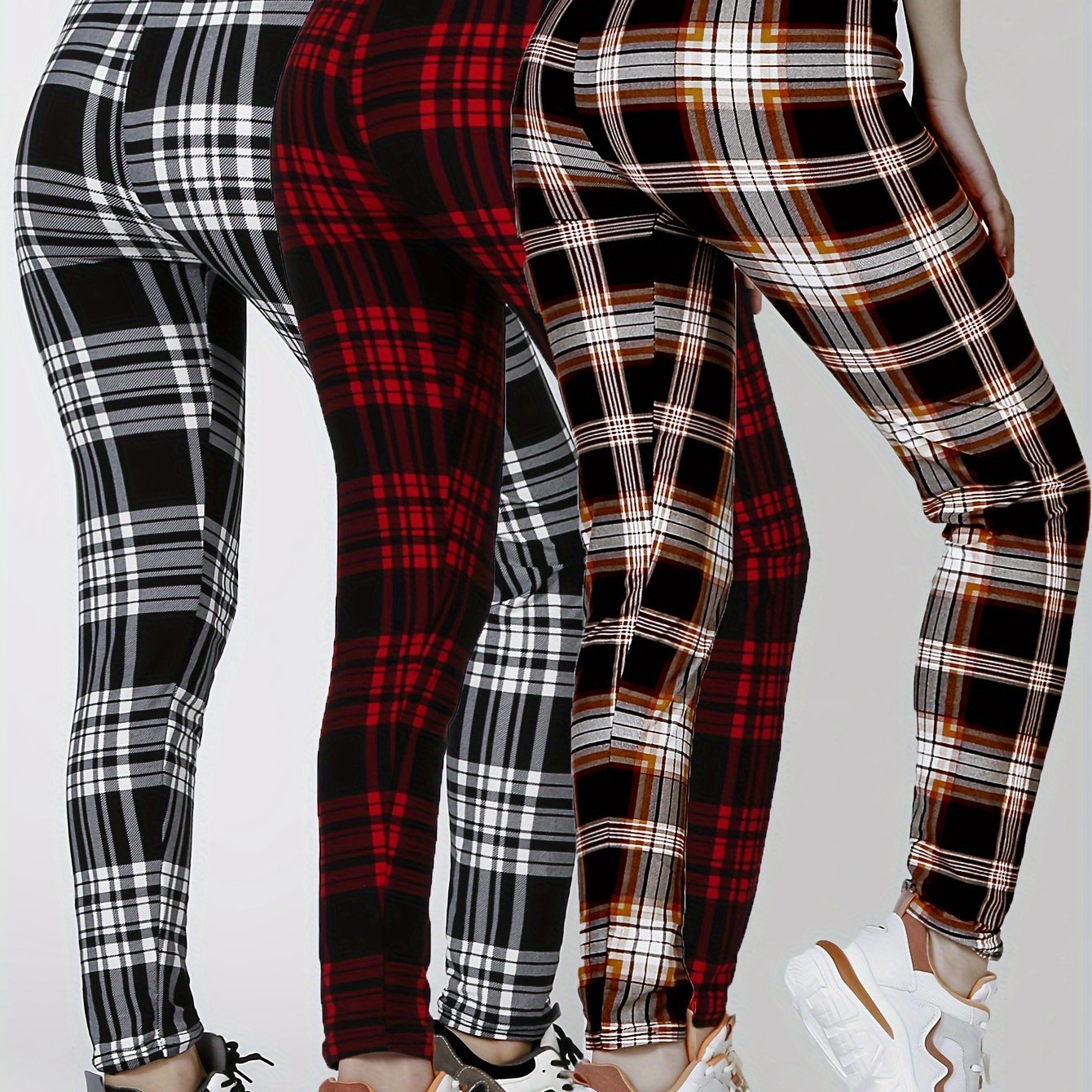 3 Packs Women'S Soft & Stretchy Tight Leggings - Black, White, and Red Plaid Patterns, High Waist, Elastic Waistband, Crop Length, Perfect for Fitness, and Casual Weekend Wear, Casual Wear Leggings|Plaid Pattern Leggings|Stre