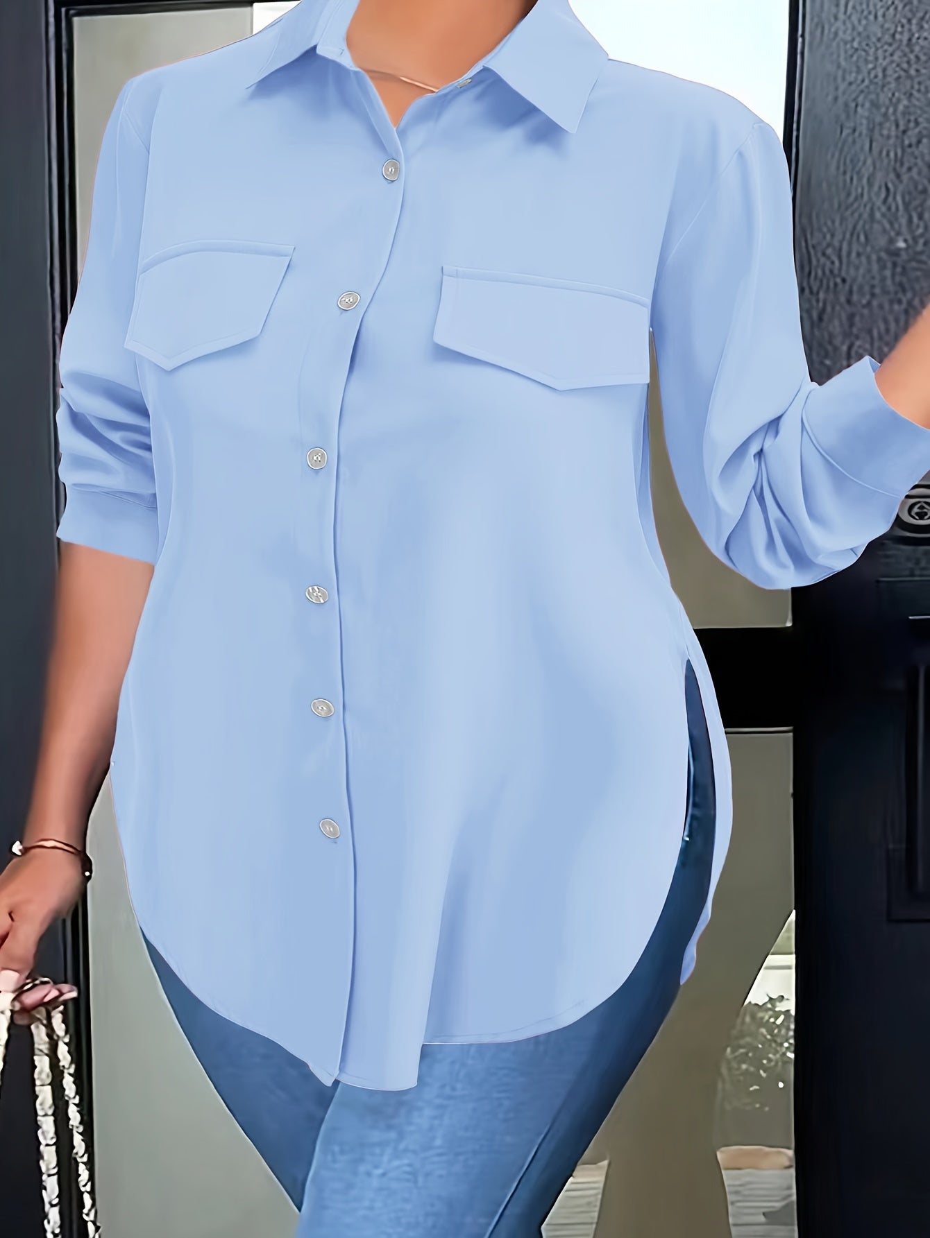 Plus Size Curved Hem Blouse, Casual Button Front Collared Blouse For Spring, Women's Plus Size Clothing