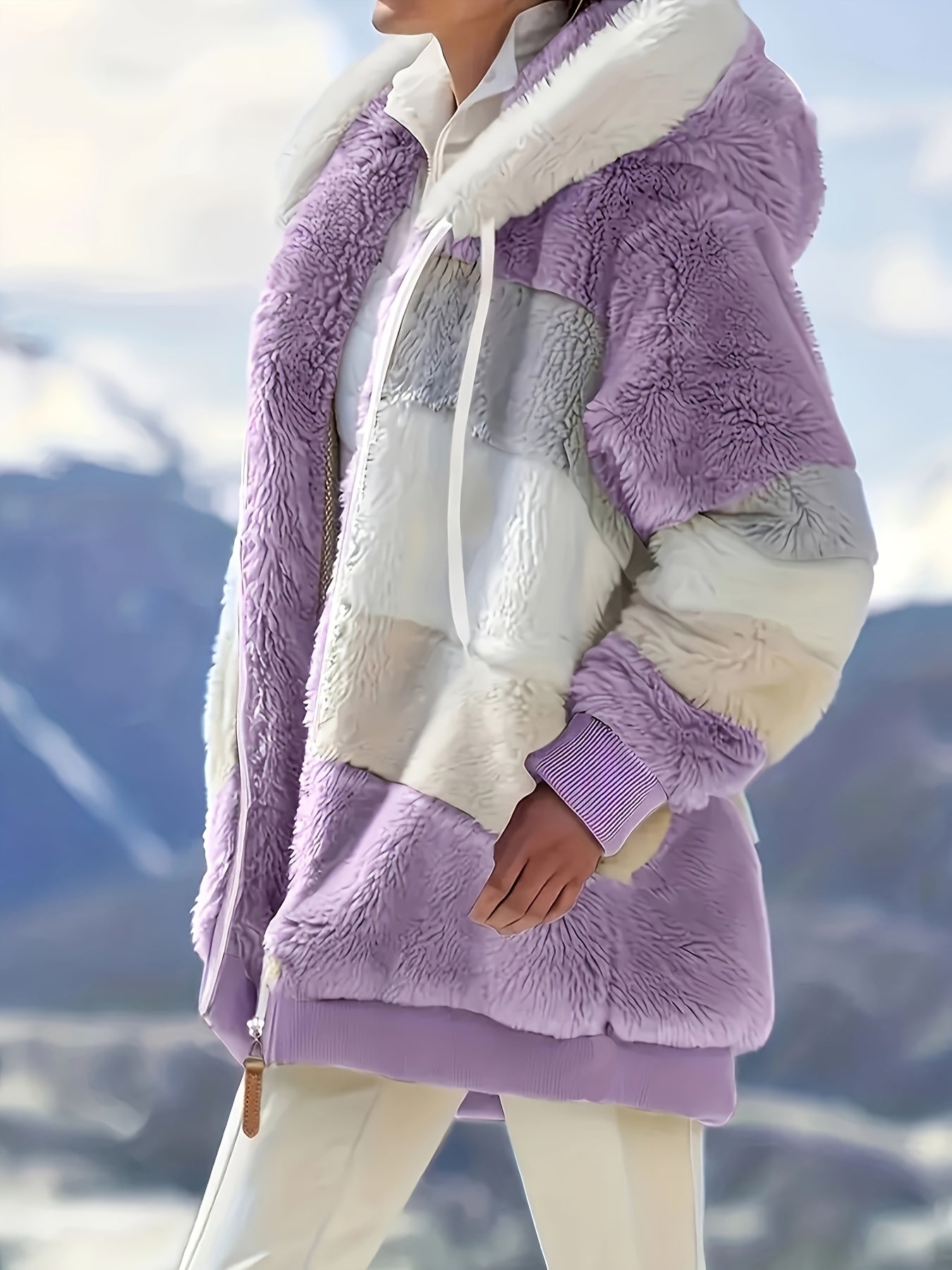 Women's Plush Faux Fur Hooded Jacket - Loose Fit Color Block Coat with Blue/Beige/White/Black Design, Long Sleeve Winter Warmth, Machine Washable for Casual & Formal Outfits, Ladies Winter Coats, Autumn Layering Piece, Formal