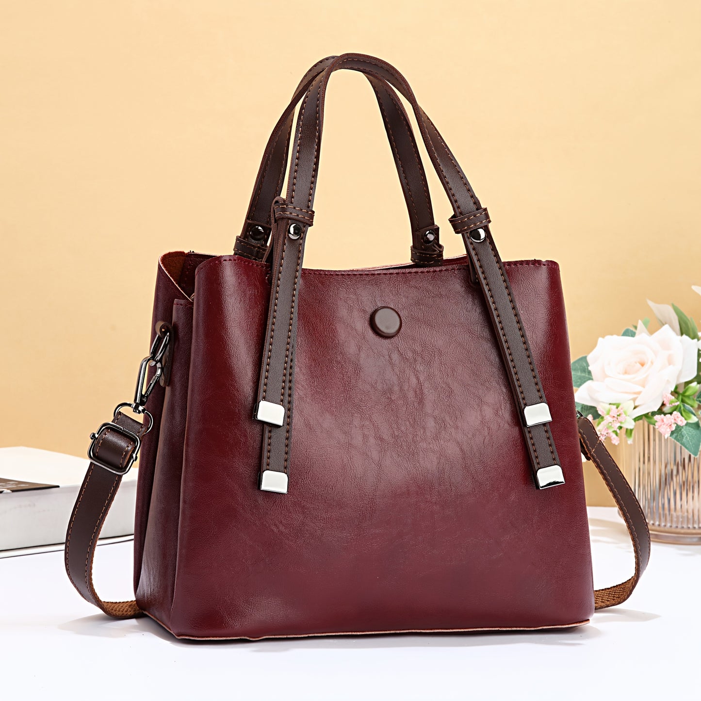 Women's Vintage Handbag with Detachable Crossbody Strap - Large Capacity Tote & Shoulder Bag, Golden-Tone Hardware, Zipper Closure, Lining, Golden-Tone Hardware - Elegant Brown/Beige/Coffee/Red/Black, Versatile for Work, Trav