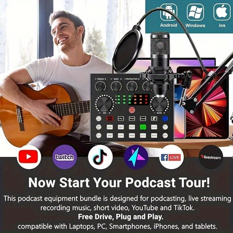 All-in-One Streaming Audio Kit with BM800 Microphone, V8S Mixer, and Multiple Accessories - Durable Metal Body, USB/Power Supply, Noise Cancellation, One-Click Sound Effects, Dual Device Connection, Ideal for Podcasting, YouT