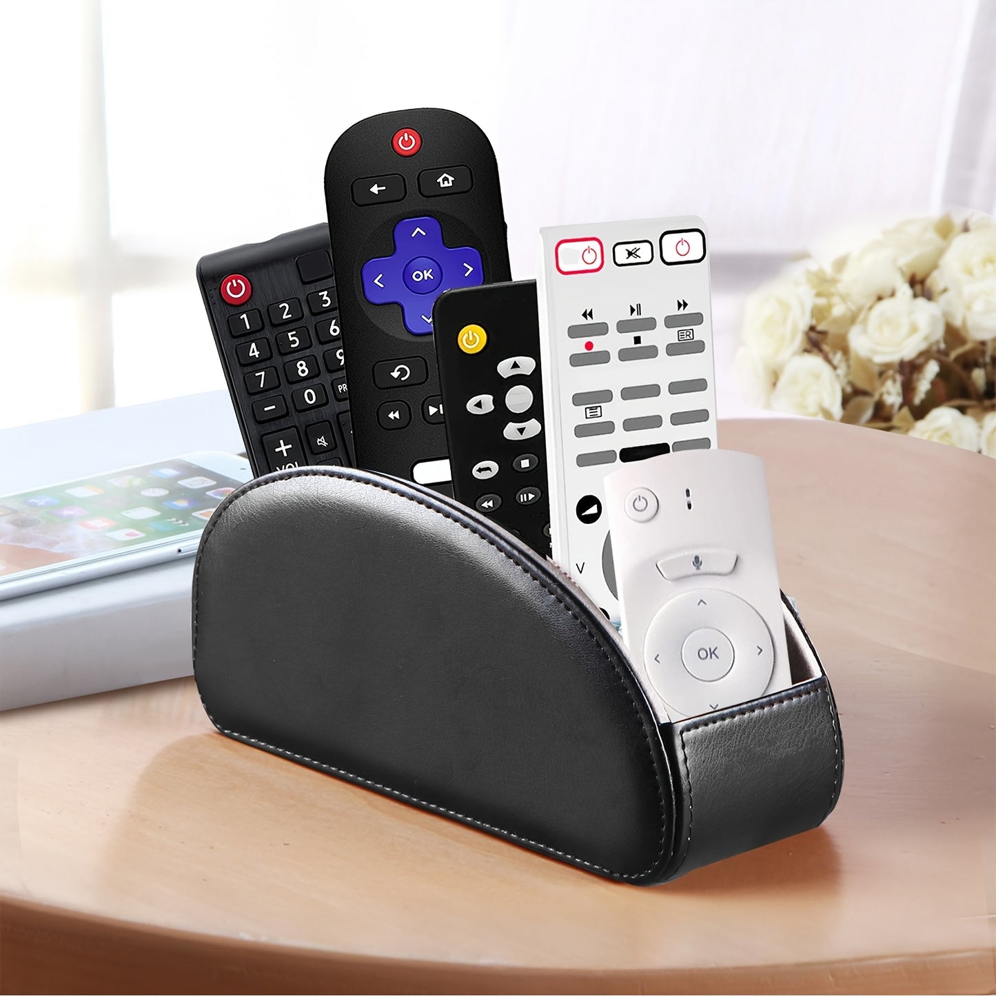 Remote Control Holder with 5 Compartments, PU Leather Multifunctional Desktop Storage Box/Remote Caddy/Pen Holder/Multi-Scene Practical Desk Organizer Shelf for Appliance Controllers, Stationery, Eyeglasses, Brushes, Office S