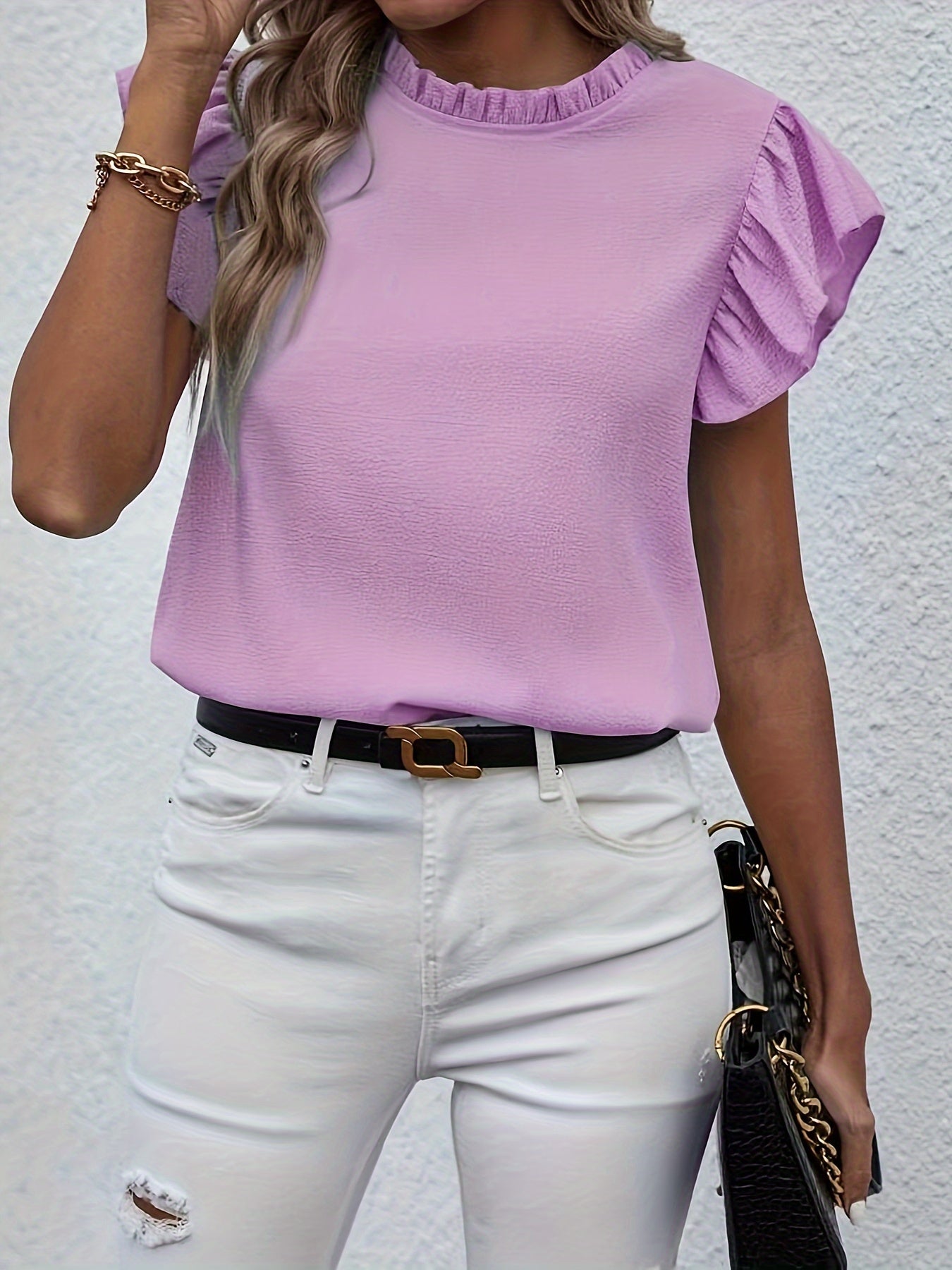 Ruffle Trim Round Neck Blouse, Casual Flutter Sleeve Blouse For Spring & Summer, Women's Clothing Wedding holiday vacation