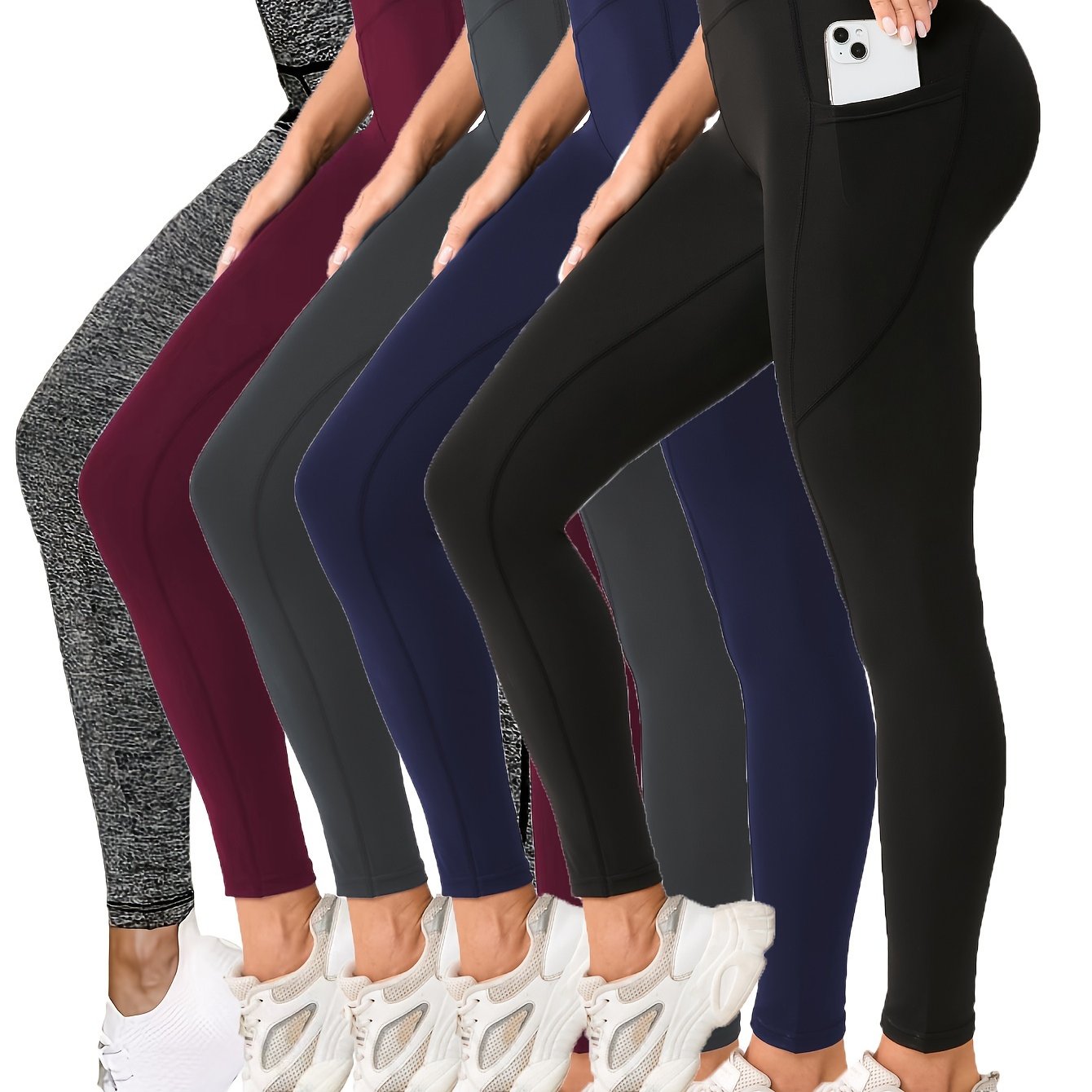 5pcs Women's High-Waist Yoga Leggings with Pockets - Ultra Soft, Tummy Control, Non-See-Through Workout & Running Tights