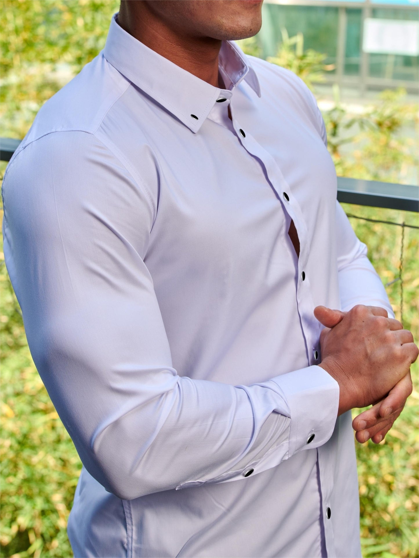 Solid Color Men's Slim Fit Stretch Quick-drying Long Sleeve Button Up Shirt, Spring Fall Workout Activity