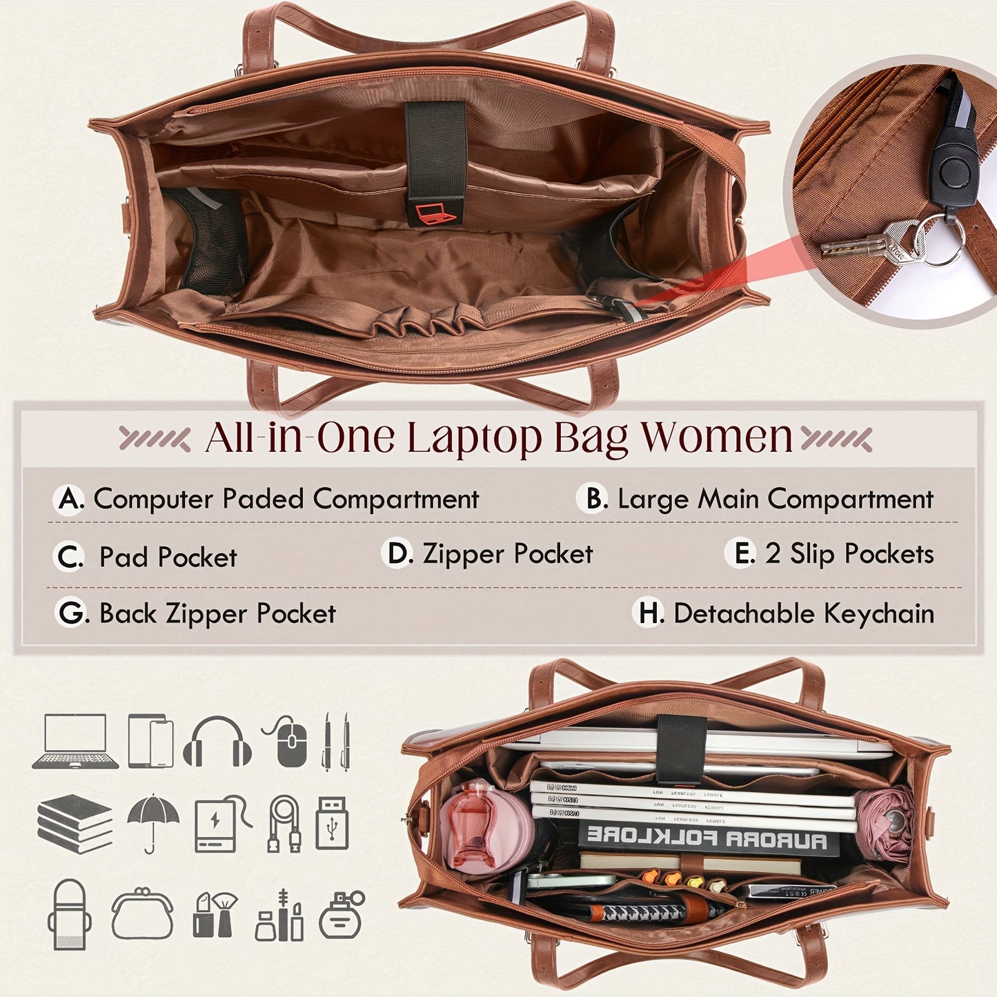 NUBILY Laptop Bag for Women 39.62 cm PU Leather Computer Work Bags Large Laptop Tote Bag Professional Business Office Briefcase Women Lightweight Shoulder Handbags, Brown