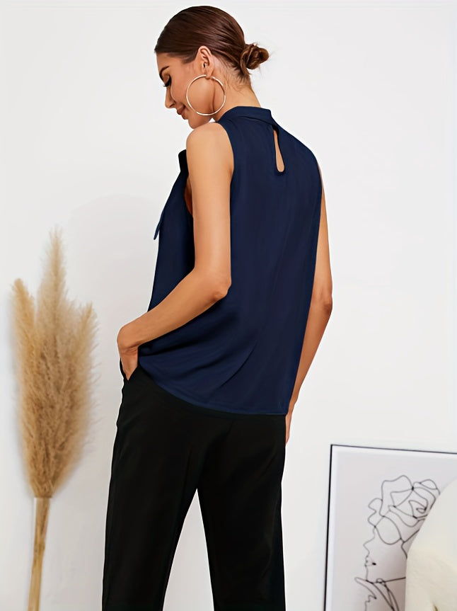 Solid Color Stand Neck Blouse, Elegant Bow Front Sleeveless Blouse For Summer, Women's Clothing