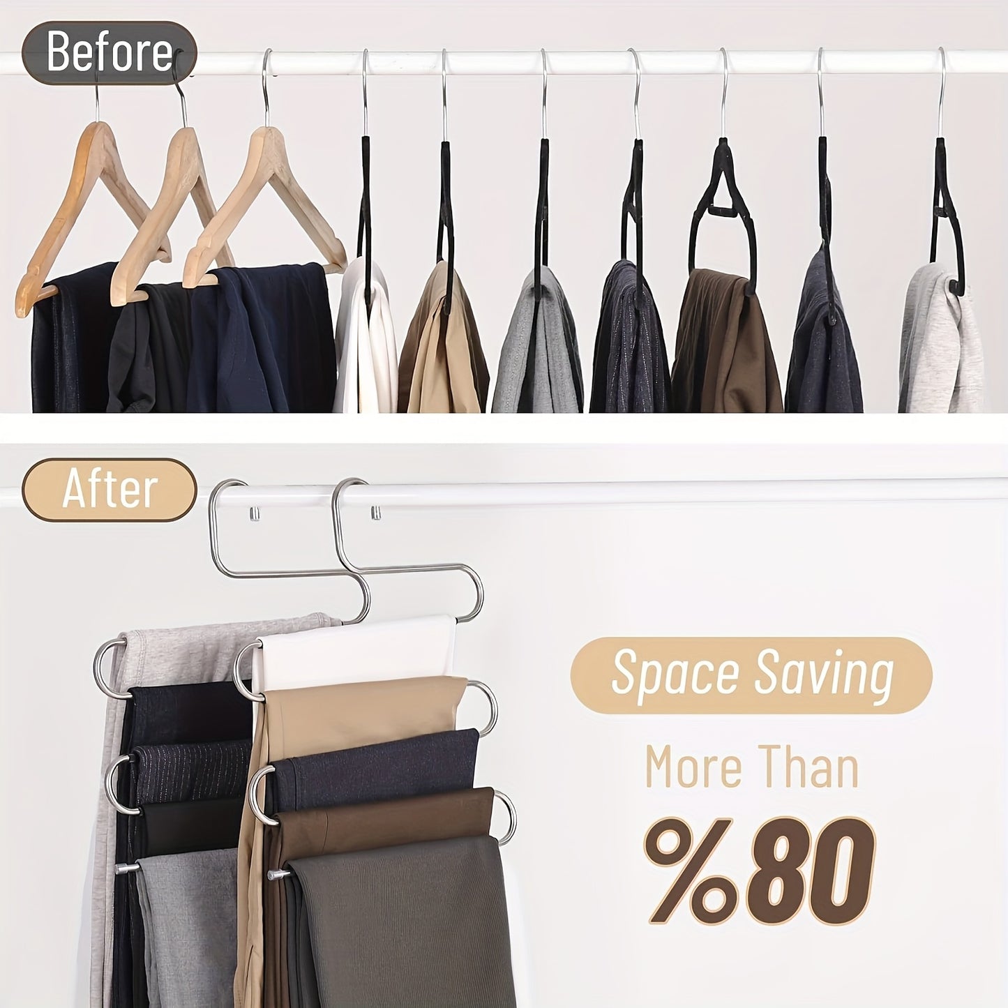 5-Tier Stainless Steel S-Shaped Pants Hanger - Non-Slip, Space-Saving Multi-Layer Jeans and Trousers Organizer with Polished Finish, Durable Metal Wardrobe Storage Solution for Neat Closet Organization