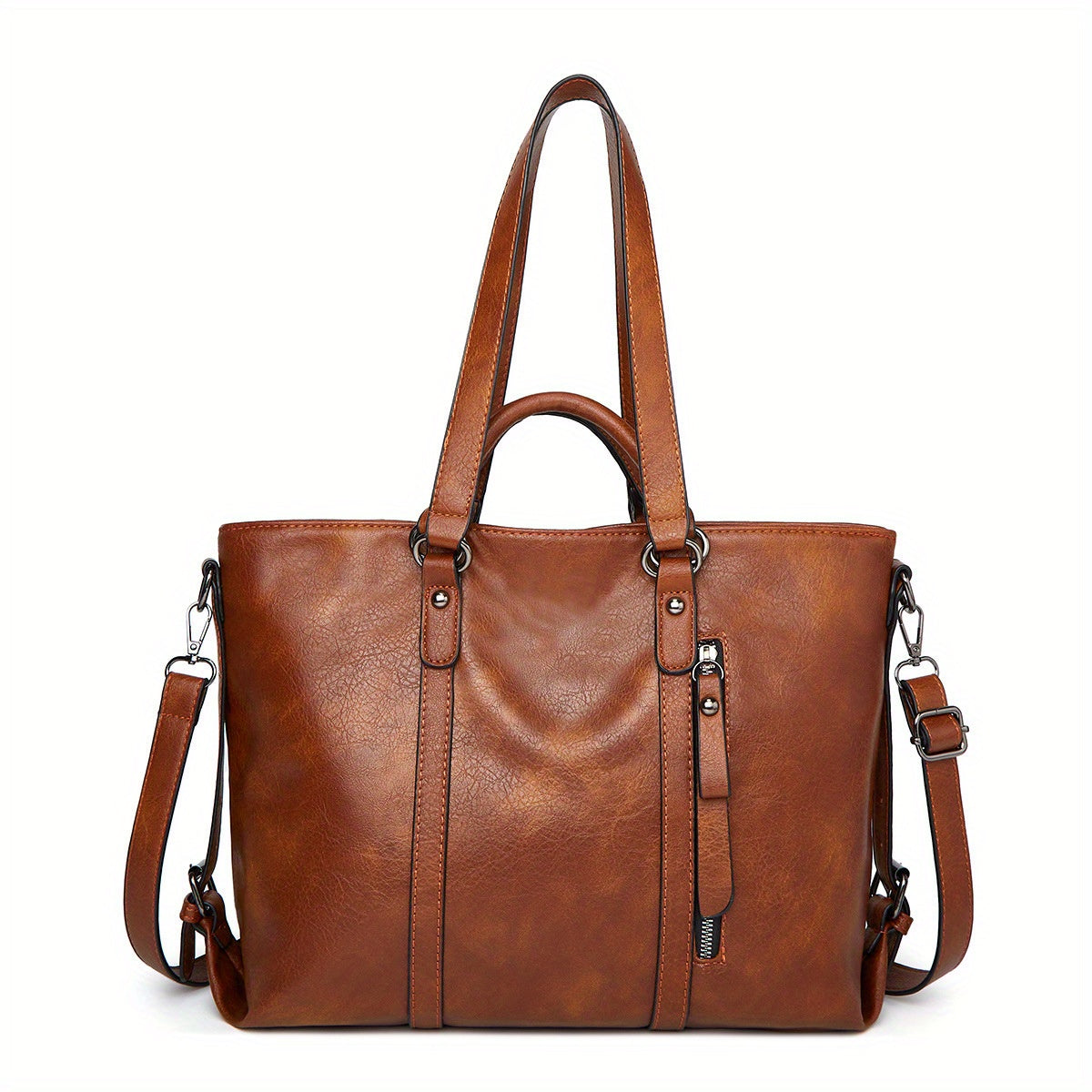 Women's Thickened Soft Synthetic Leather Tote & Crossbody Purse - Large Capacity Multi-Pocket Organizer with Removable Shoulder Strap, Zipper Closure, Oil-Edged Trim - Work, Travel, Casual Bag in Brown, Navy, Red, Black - Chr