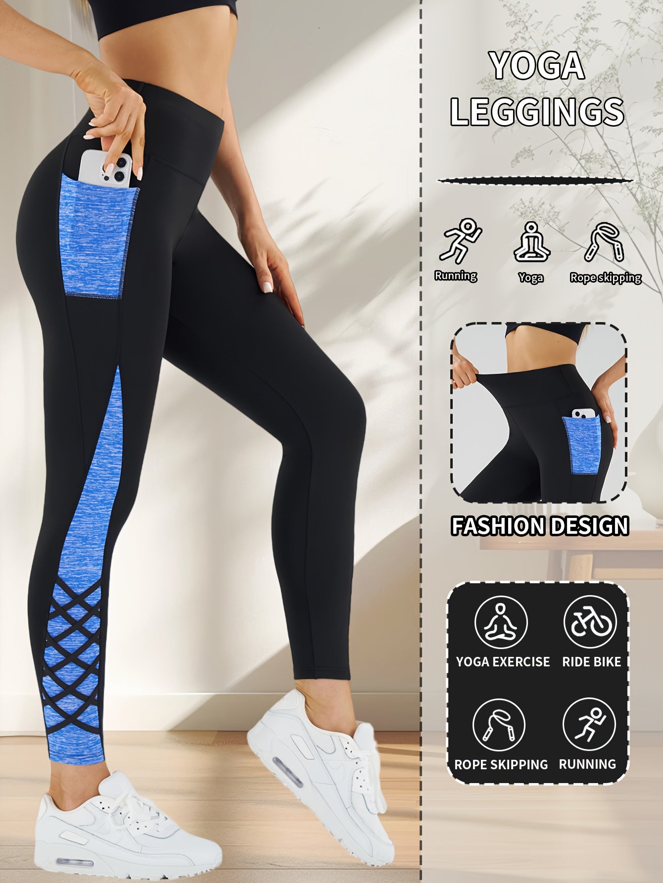 Women's High-Waisted Yoga Pants - Non-See-Through Workout Leggings with Side Pocket, Stretchy Gym Running Pants for Pilates, Cycling, Everyday - Machine Washable Athletic Bottoms (Black/Blue)
