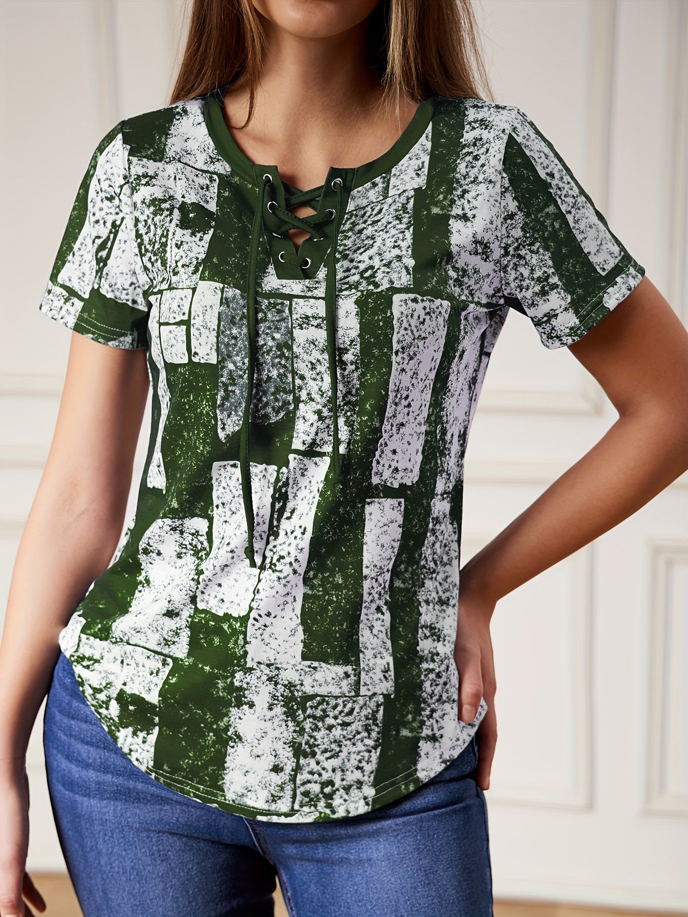 Graphic Print Lace Up V Neck T-shirt, Summer Casual Short Sleeve Top, Women's Clothing