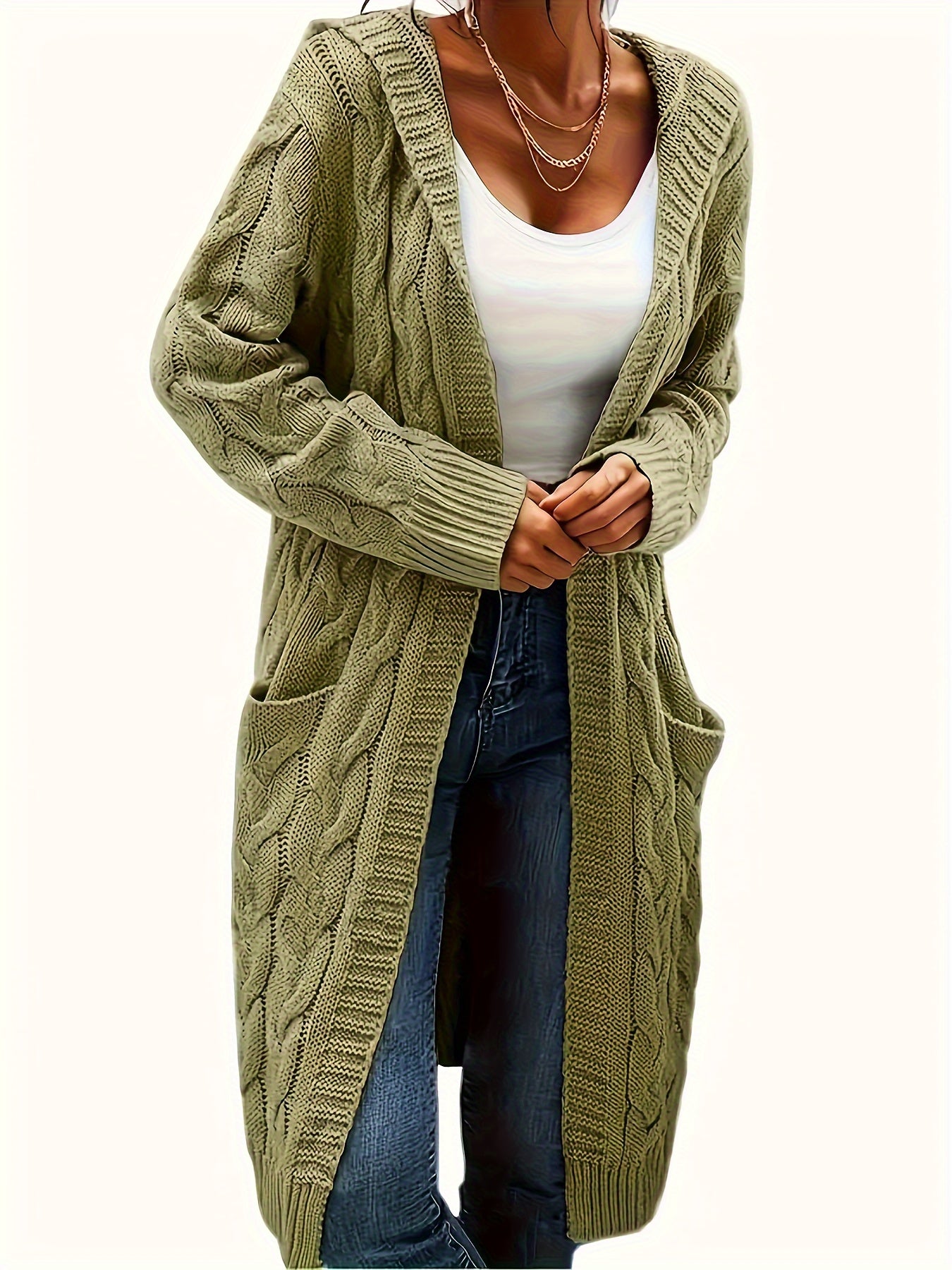 Women's Mid-Length Hooded Cardigan - Soft Stretchy Solid Color Long Sleeve Open Front Sweater with Pockets, Machine Washable Casual Elegance for Fall Winter, Everyday Comfort Wear, Stylish Hooded Design, Comfortable Fit