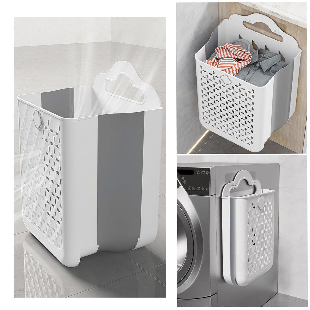 ZREE Large Wall Mounted Laundry Basket (60L, 27x19x39cm) - Foldable Design, Machine Washable, Space saving Bathroom/ Bedroom Dirty Clothes Collector (White/ Grey), Laundry Baskets, Space Saving Laundry Solution, Wall Mounted
