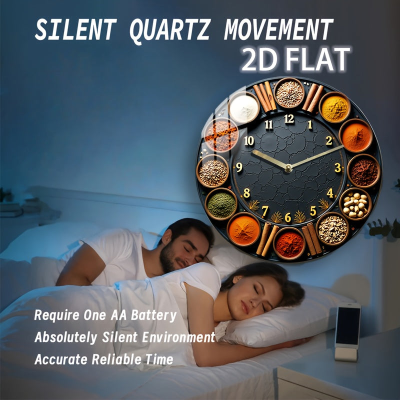 1pc 8-Inch Silent Round Wall Clock with Spice & Herb Design - Acrylic Quartz Movement, Golden Accents, Battery-Powered (AA Not Included) - Kitchen, Bedroom, Living Room, Kitchen Clock, Home Decoration, Decorative Timepiece, H