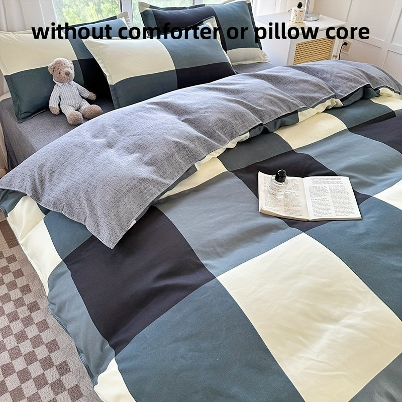 Soft and breathable 4pcs bedding set - Creative space plaid pattern, machine washable - includes sheet, duet and 2 pillowcases for all seasons - ideal for student dormitories, bedrooms and guest rooms