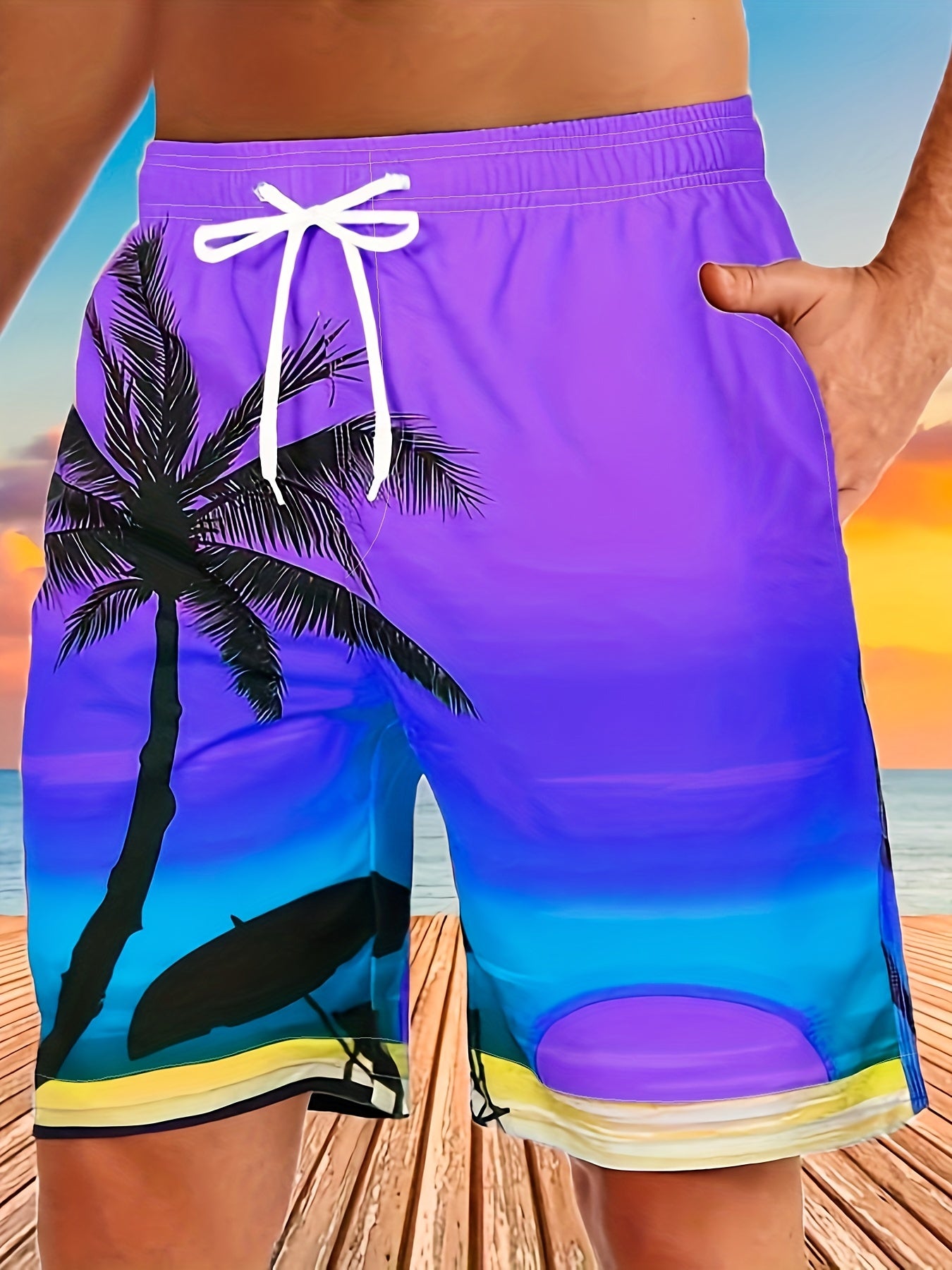 Quick Drying Comfortable Breathable Gradient Palm Tree At Dawn Seaside Drawstring Swim Trunks, Men's Board Shorts Swimwear For Summer Vacation Resort Beach Pool