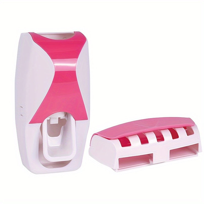 Automatic Toothpaste Dispenser and Toothbrush Holder Set - Plastic, Wall Mounted, Manual Operation, Holds Multiple Brushes, Space Saving Design, Perfect for Bathroom Organization