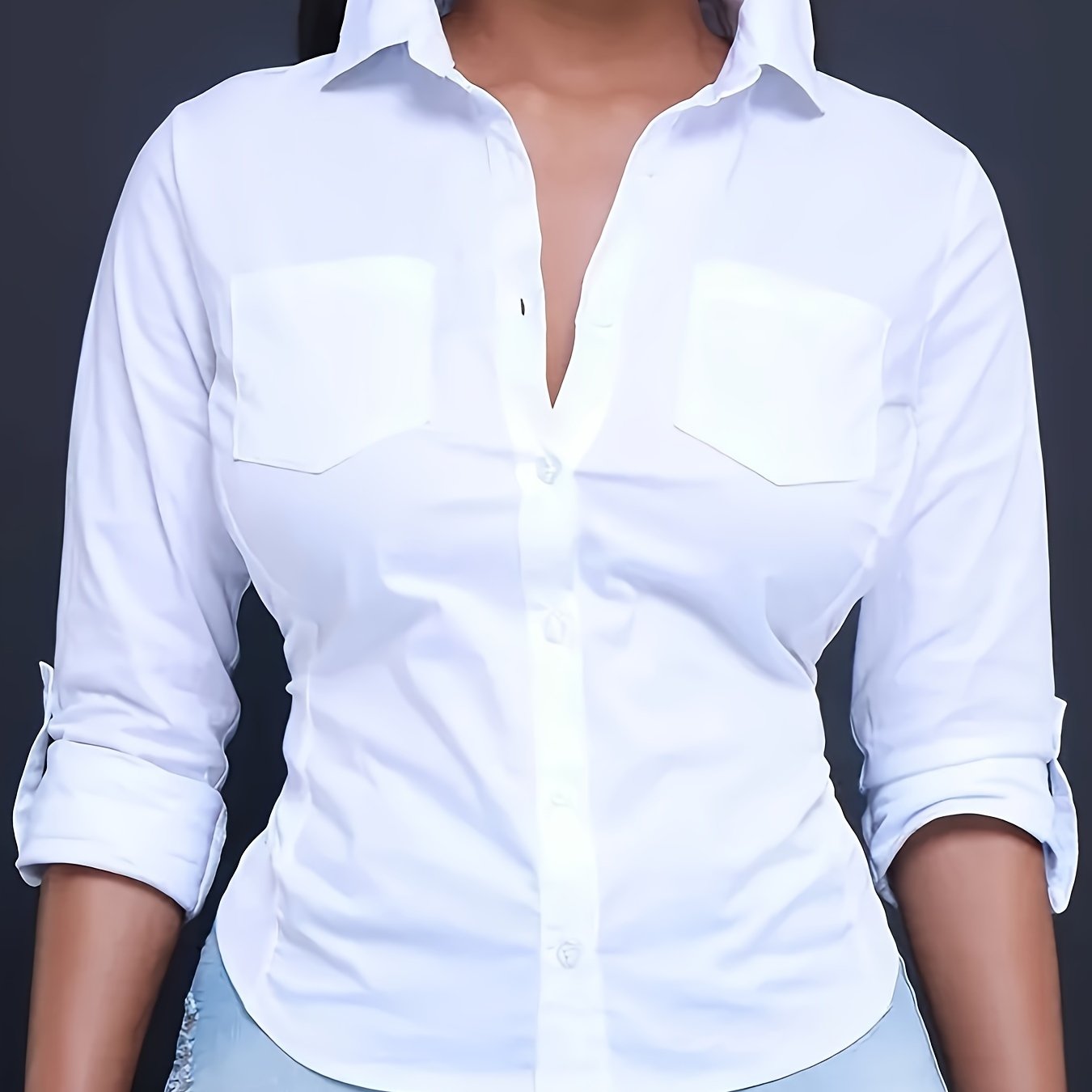 Solid Color Button Front Shirt, Casual Long Sleeve Pocket Shirt For Spring & Fall, Women's Clothing