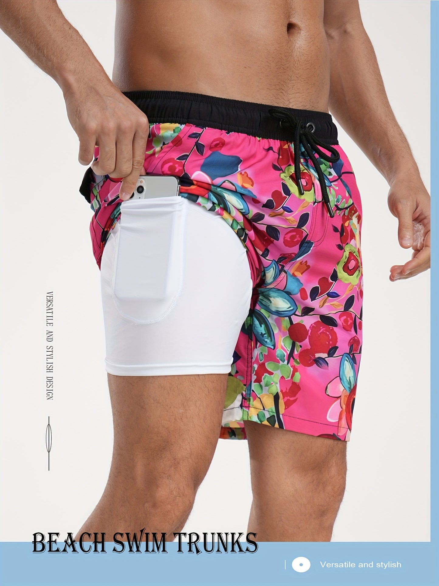 Men's Quick-Dry Beach Shorts with Tropical Palm Tree & Palm Leaf Print - Breathable Stretch Fabric for Summer, Outdoor, Hiking, Swimming - Machine Washable Casual Athletic Shorts, Outdoor Activewear, Summer Shorts