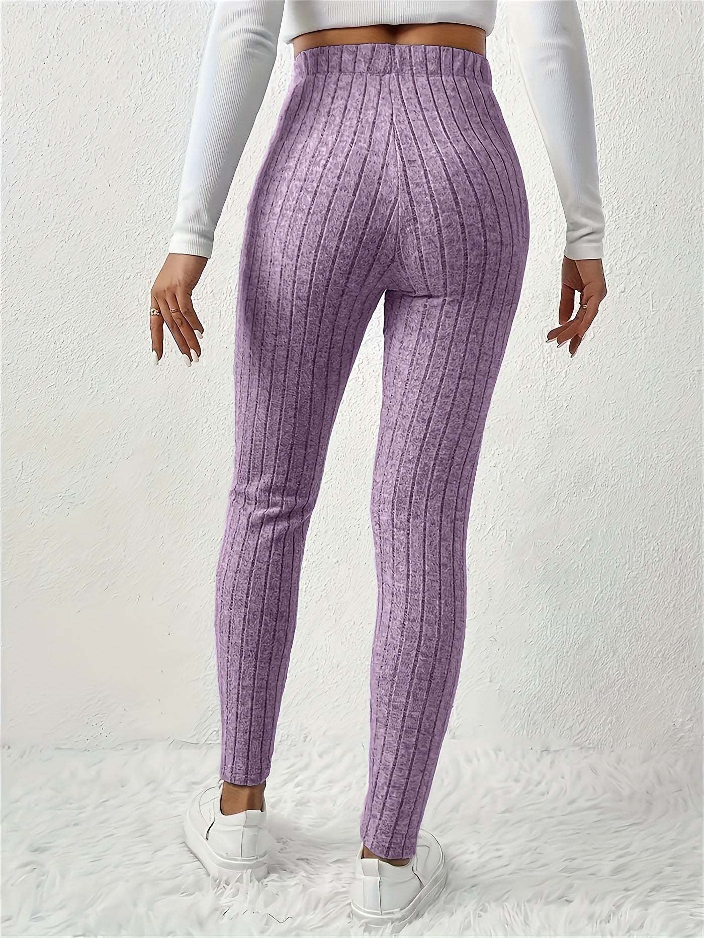 4pcs Women'S High-Waisted Leggings - Sexy Ribbed Design, Stretchy & Comfortable, Solid Colors (Black, Green, Purple, Beige) for Fall/Winter, Perfect for Running & Casual Wear, High Waisted Leggings