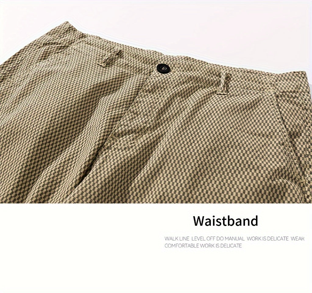 Men'S Casual Cargo Shorts with Striped Design, Elastic Waistband & Multiple Pockets - Beige/Black Regular Fit for Outdoor, Sports & Casual Attire (Belt Not Included), Outdoor Apparel, Functional Pockets, Nonelastic Fabric