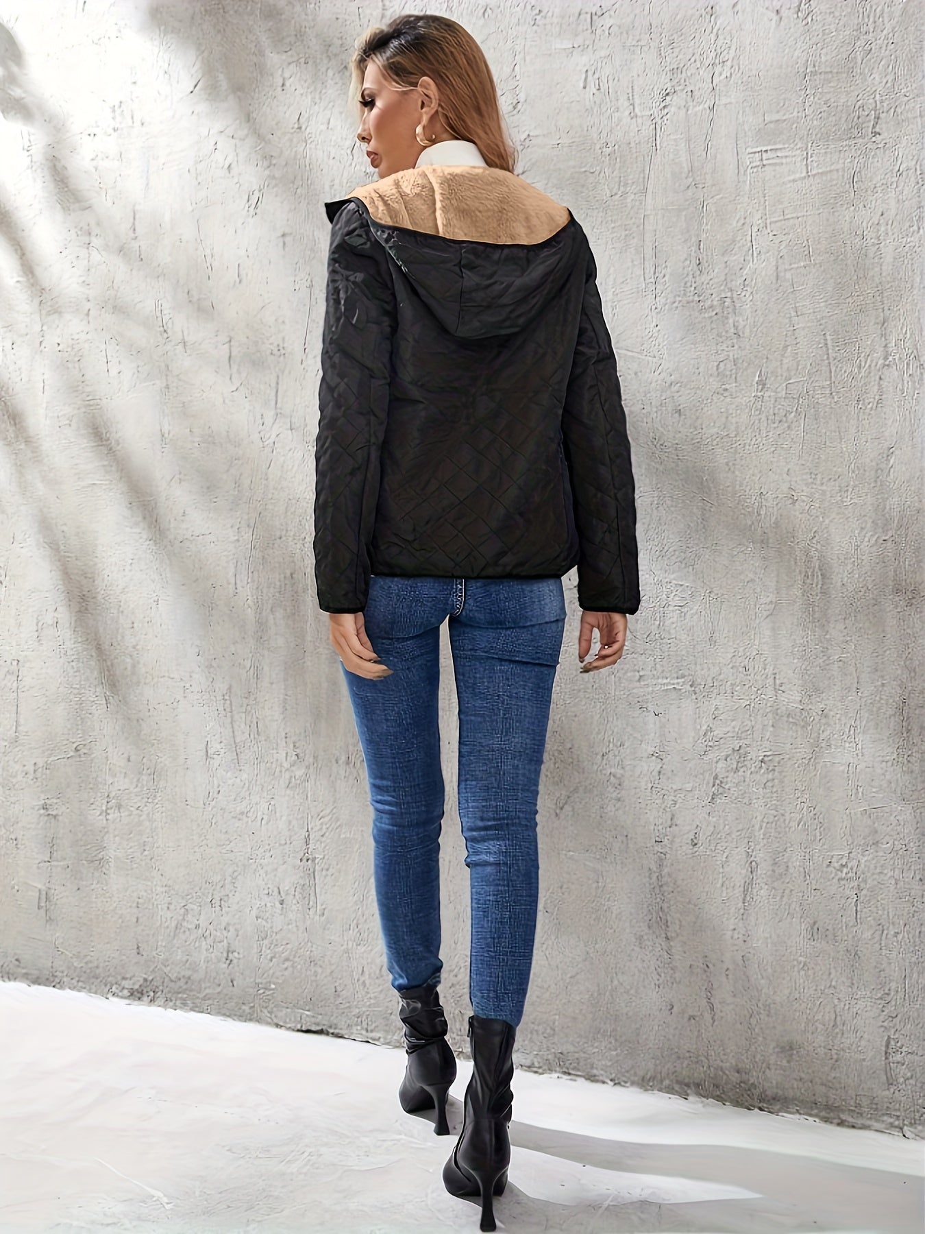 Solid Zipper Front Hooded Coat, Versatile Long Sleeve Thermal Hooded Outwear For Fall & Winter, Women's Clothing
