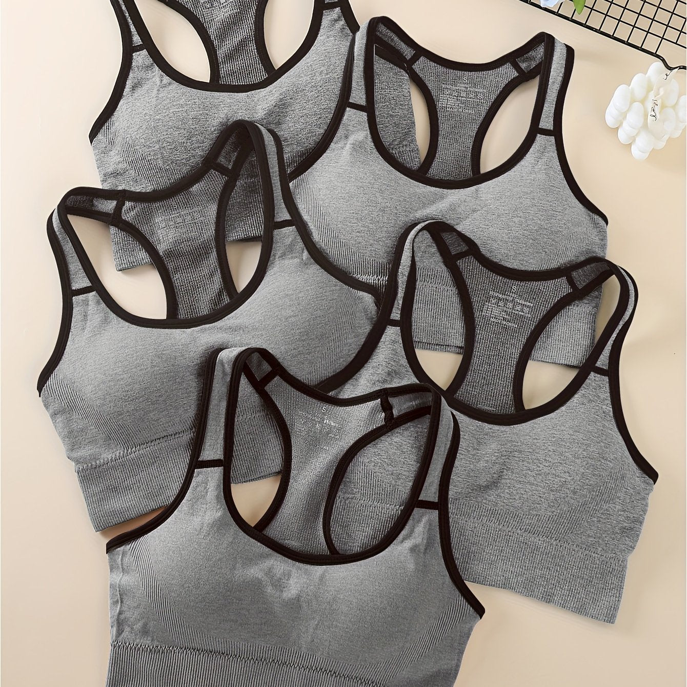 5pcs Women's High-Support Sports Bras - Removable Padding & Back Panel, Full-Coverage Tummy Control, Breathable Yoga Gym Bras with Multi-Color Options (Black/Dark Grey/Navy/Beige/Pink) - Moderate Lift for Heavy Breasts, Hand