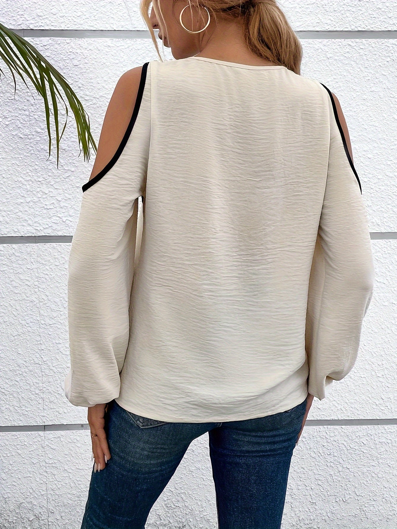 Color Block Cold Shoulder Blouse, Asymmetric Neck Long Sleeve Blouse For Spring & Fall, Women's Clothing