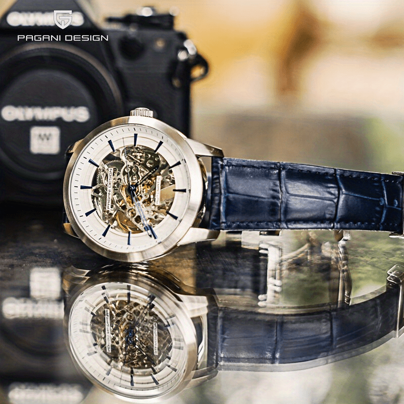Pagani Design 2023 Men's Automatic Skeleton Watch, Self-Winding, Stainless Steel, Leather Strap, Pointer Series, Water Resistant To 100 Meters Sports Leather Watch