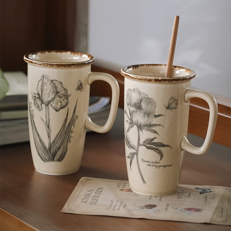 Vintage Ceramic Mug Large Capacity Flower Cup French Home Office Coffee Cup Water Cup Latte and Herbal Tea Cup, Best for Christmas, Perfect for Thanksgiving