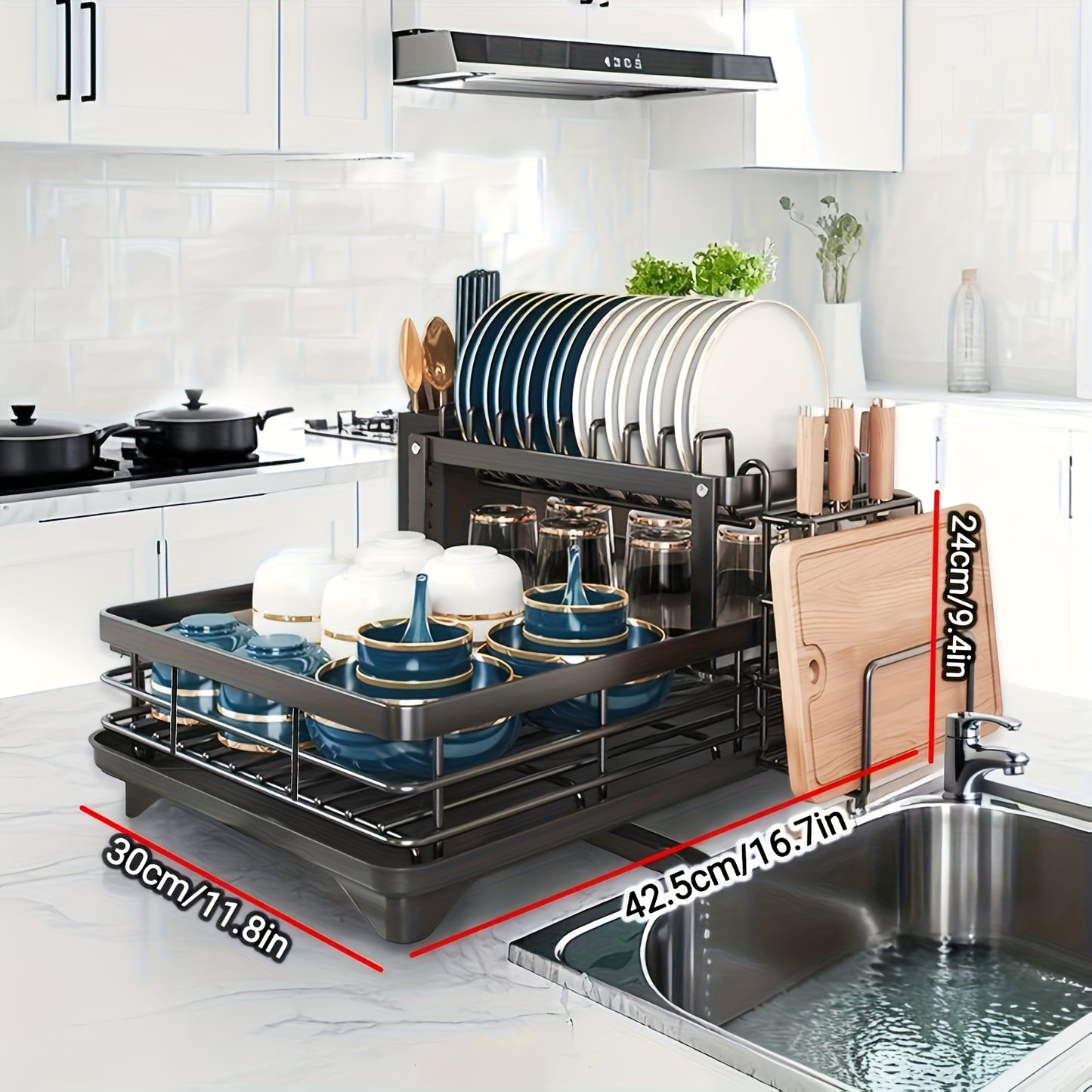 2-Tier Black Iron Kitchen Dish Rack - Large Capacity Organizer with Drainboard, Utensil Holder & Cup Hooks, Foldable Space-Saving Design for Plates, Bowls, Pots, Cutlery - Durable Powder-Coated Finish, Dish Drying Rack for Ki