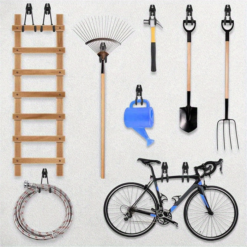 10pcs Heavy Duty Metal Garage Storage Hooks, Wall Mounted Utility Organizer for Ladders, Bikes, and Hose Management - Industrial Strength, Space Saving Design with Orange Clamps for Secure Hold