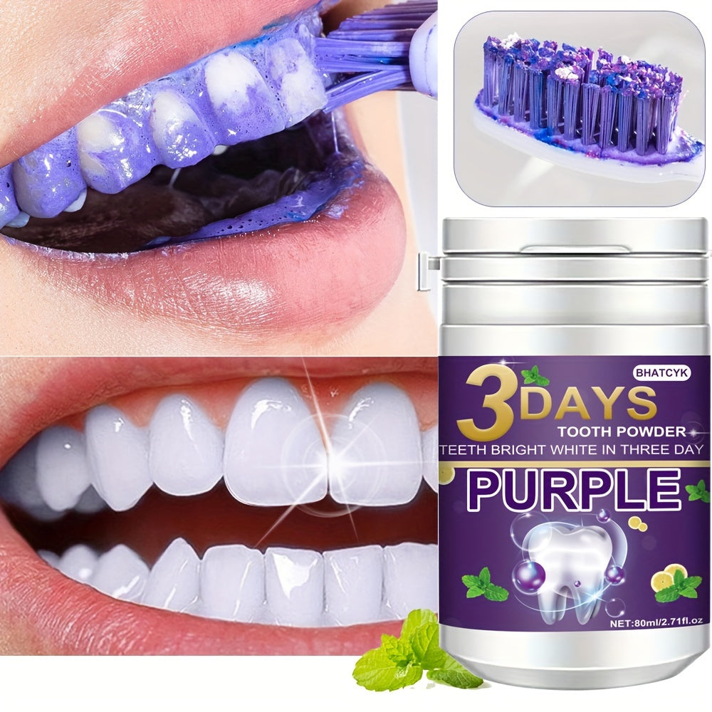 BHATCYK 3 Days Purple Teeth Whitening Powder, Fresh Mint Flavor, 80ml/2.71oz, Teeth Polishing and Deep Cleaning Powder for Brighter Smile, Suitable for Daily Use and Travel