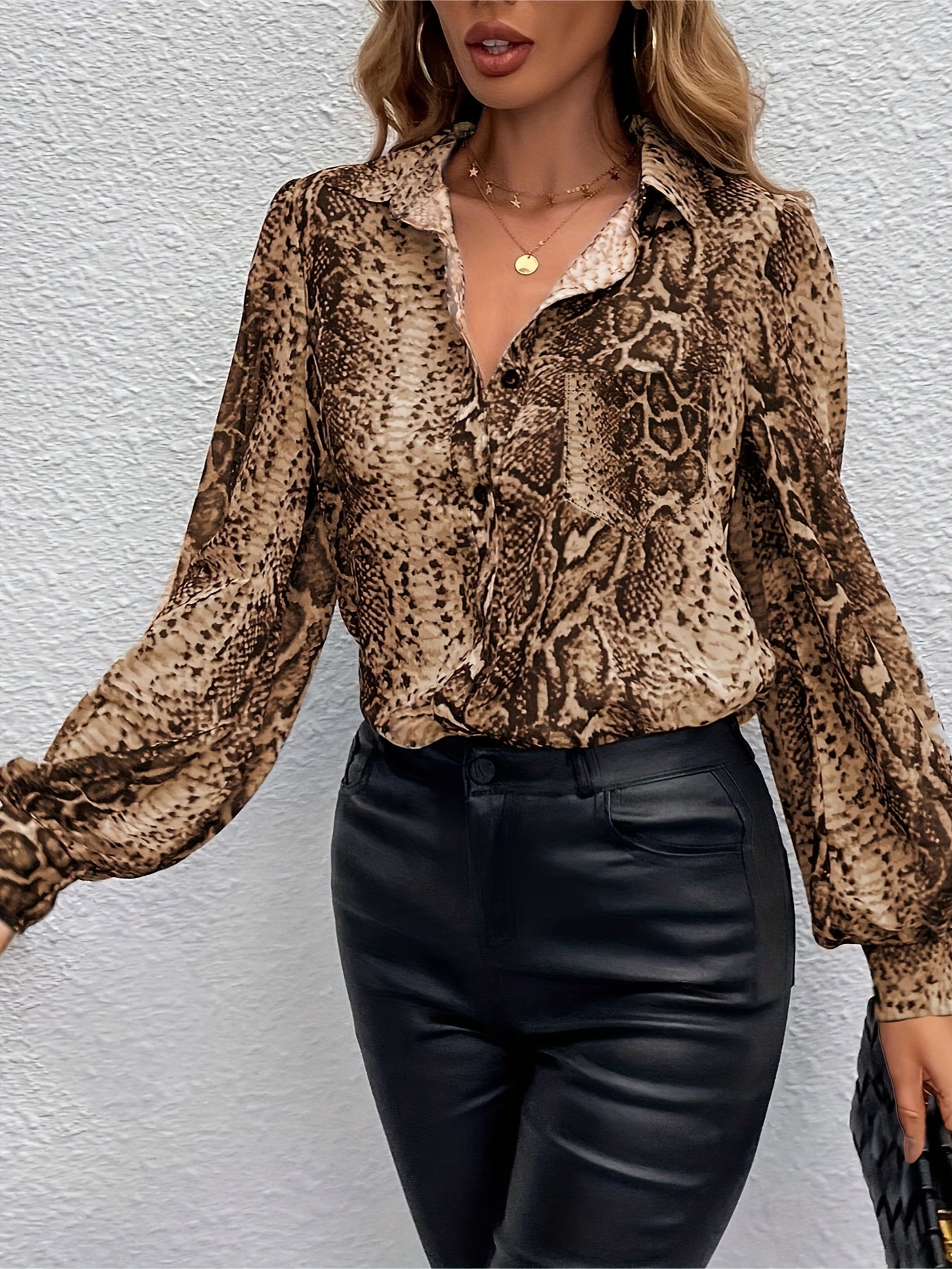 Snake Skin Print Button Front Shirt, Elegant Long Lantern Sleeve Blouse For Spring & Fall, Women's Clothing