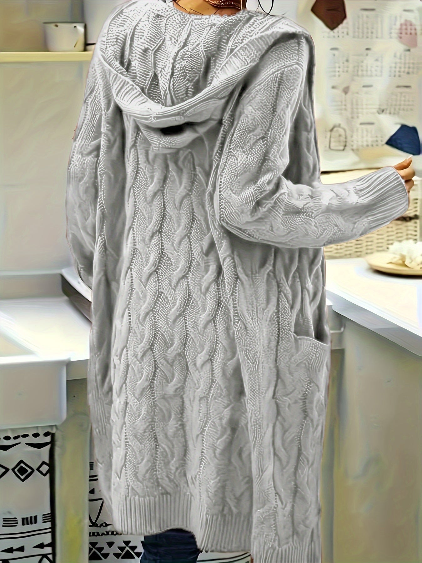 Women's Mid-Length Hooded Cardigan - Soft Stretchy Solid Color Long Sleeve Open Front Sweater with Pockets, Machine Washable Casual Elegance for Fall Winter, Everyday Comfort Wear, Stylish Hooded Design, Comfortable Fit