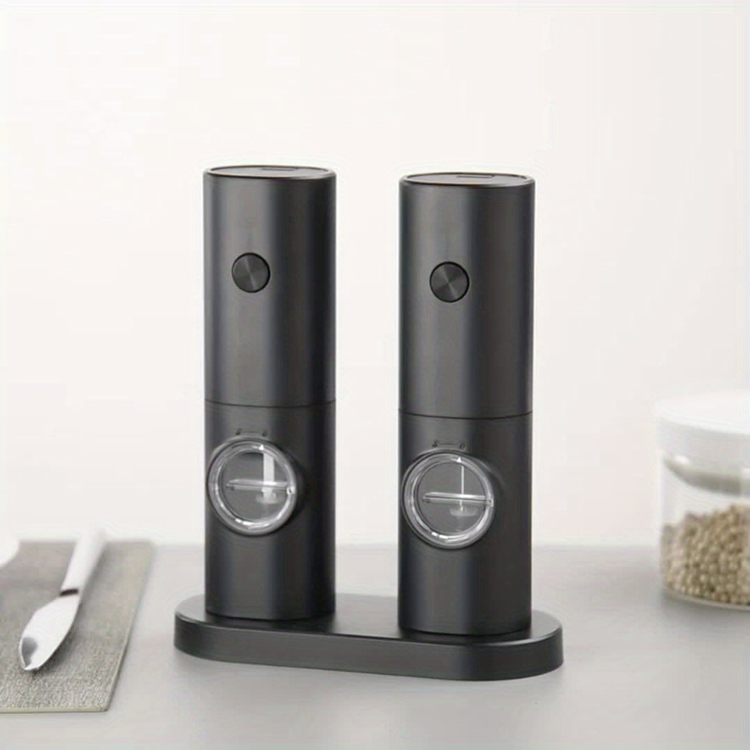 Single or Double Pack Options, Includes Base for Two-Pack - Electric Salt and Pepper Grinder with One Hand Operation, Battery Powered, Adjustable Coarseness, LED Light & Stand, Suitable for Kitchens, Food Seasoning Device, Di