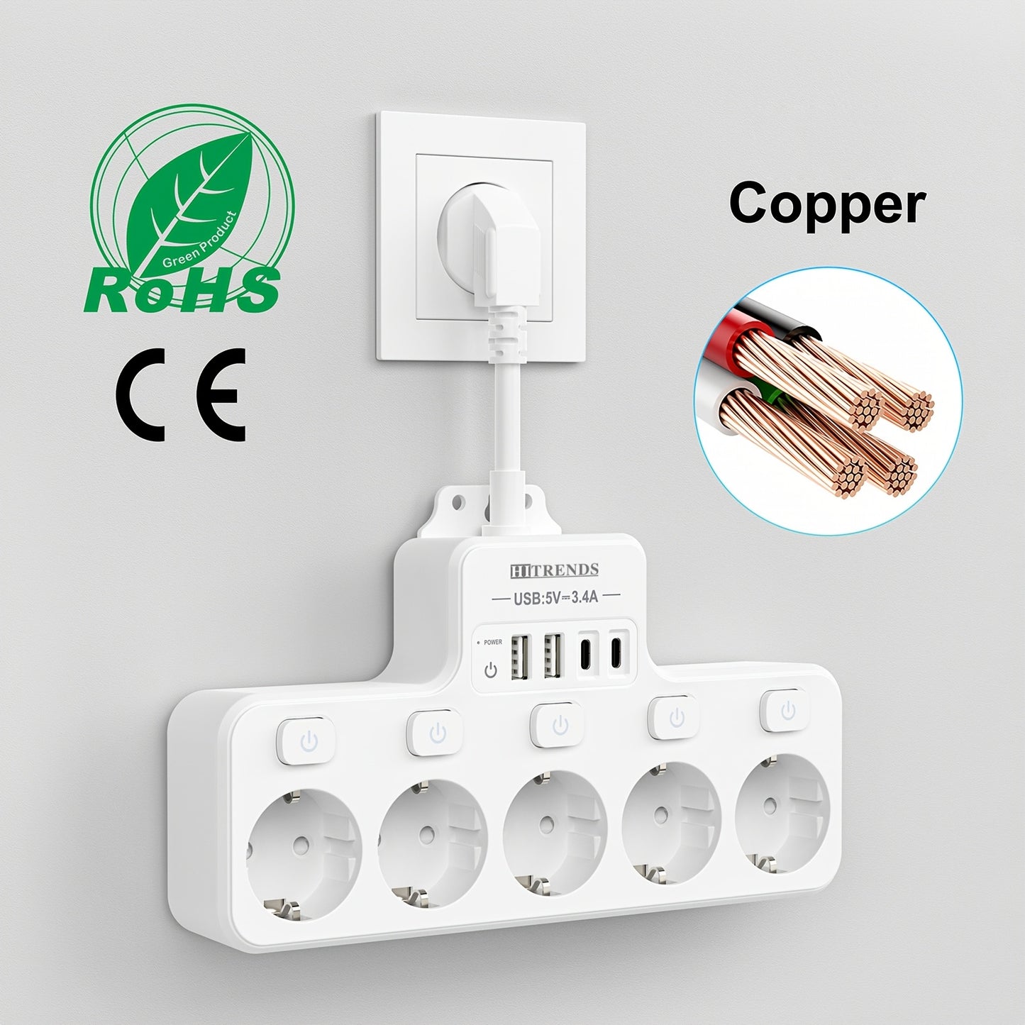 A 9-In-1 Power Strip with USB, Featuring 5 EU Sockets with Individual And Master Switches, 2 USB-A And 2 USB-C Ports, Flexible Cable Sockets, Wall-Mounted Design, Suitable for Home, Kitchen, Office, And Travel.